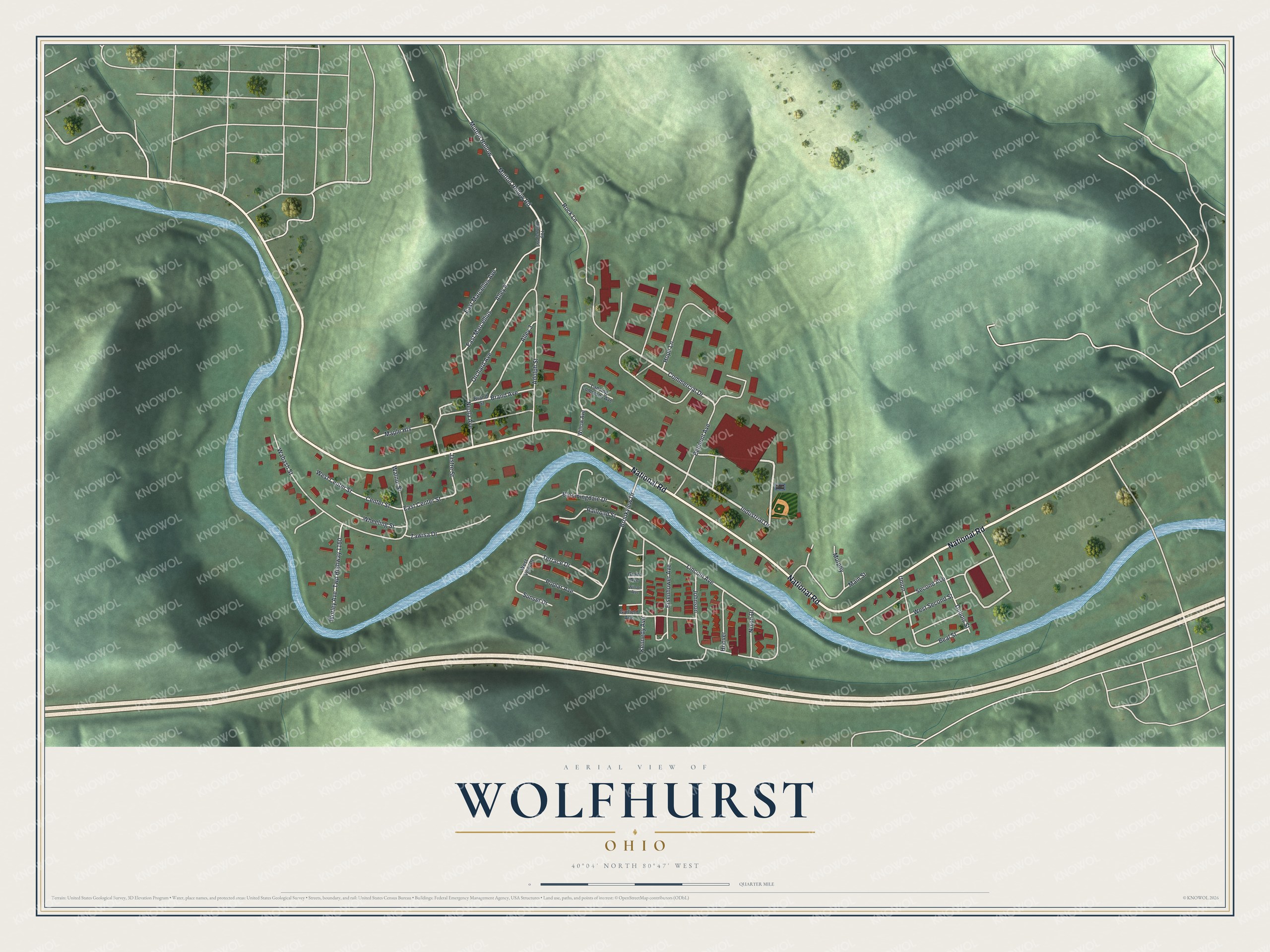 Full map of Wolfhurst, Ohio, with red buildings, printed street names and the land around them