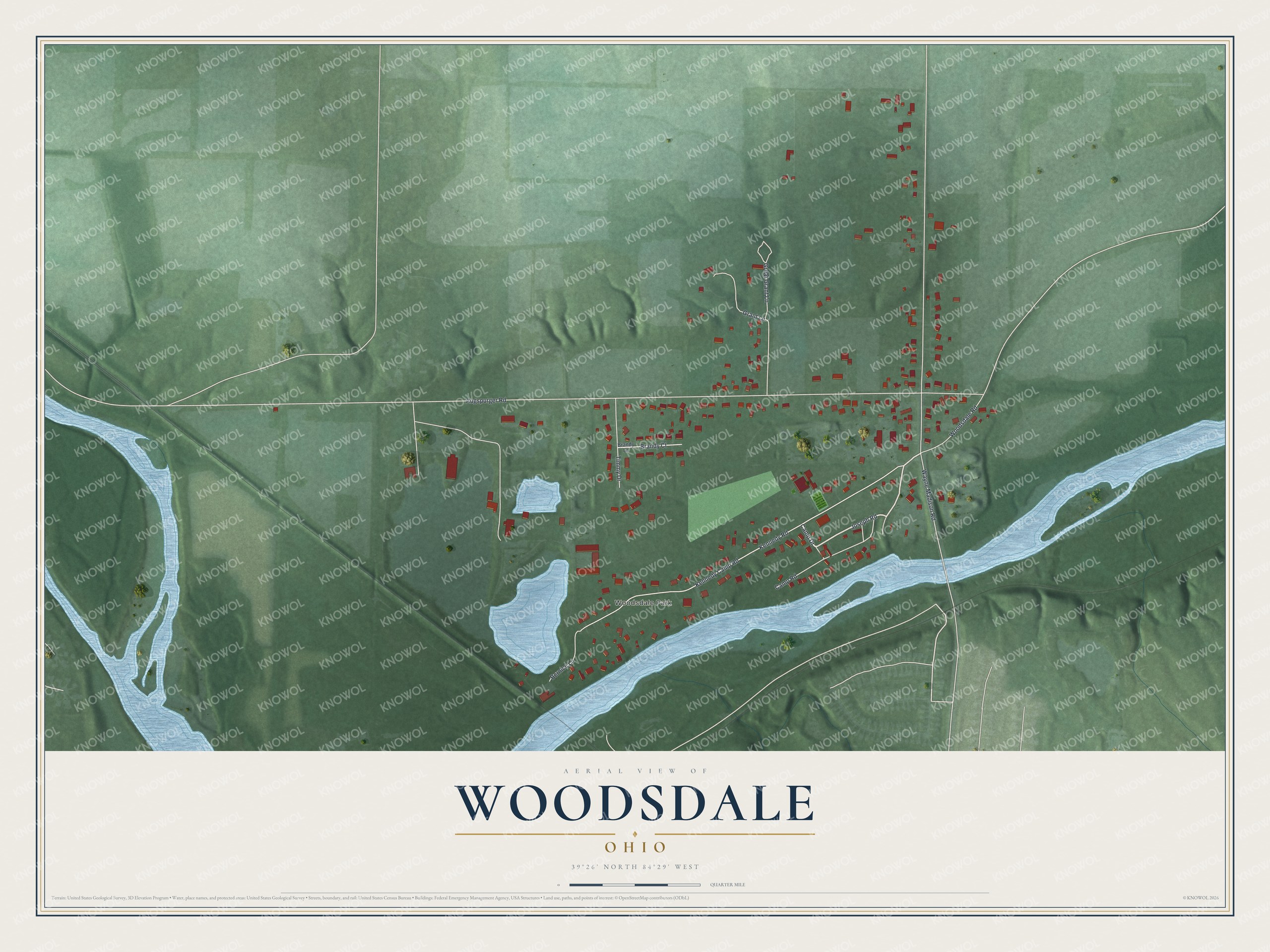 Full map of Woodsdale, Ohio, with red buildings, printed street names and the land around them