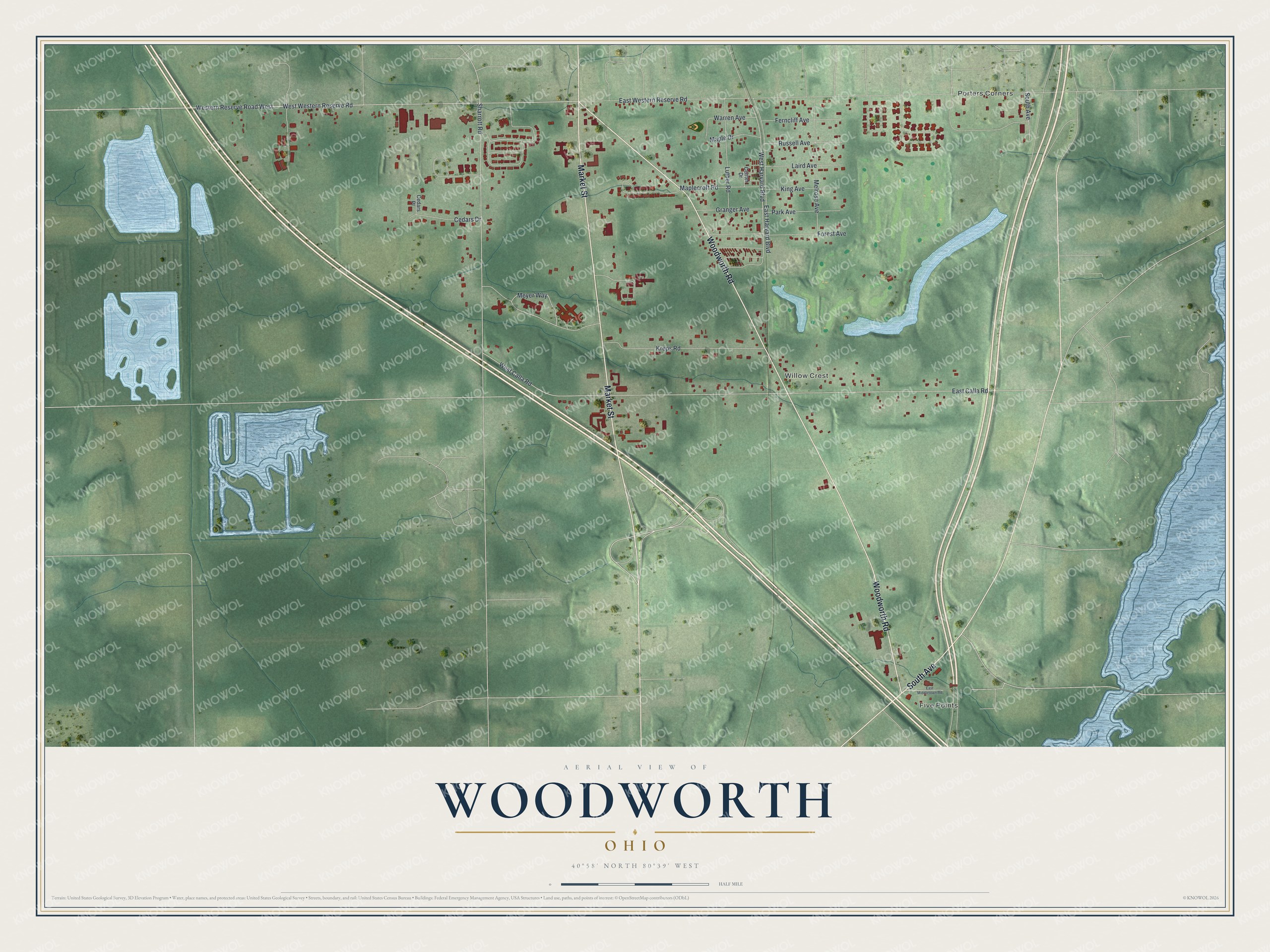 Full map of Woodworth, Ohio, with red buildings, printed street names and the land around them