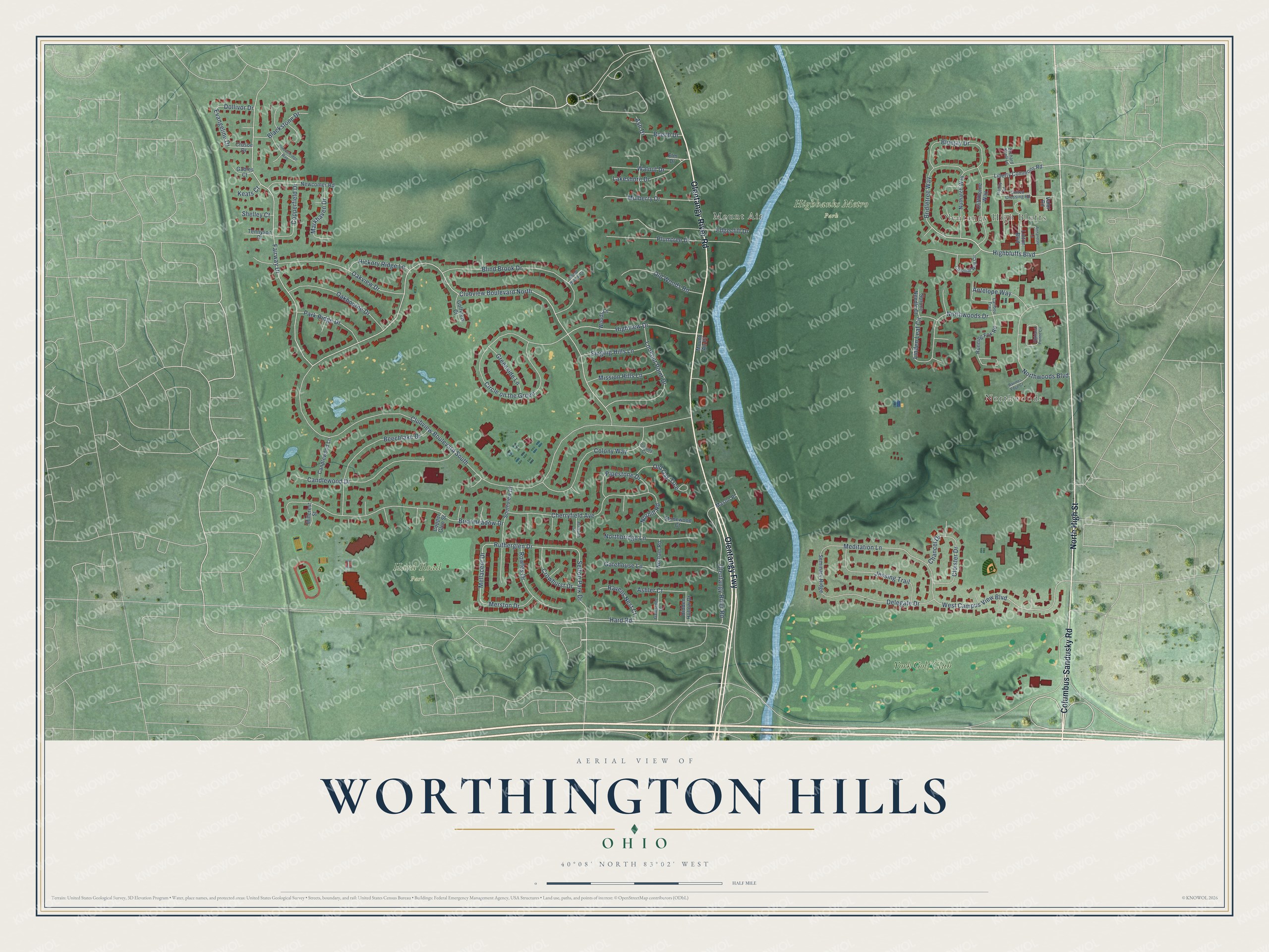 Full map of Worthington Hills, Ohio, with red buildings, printed street names and the land around them