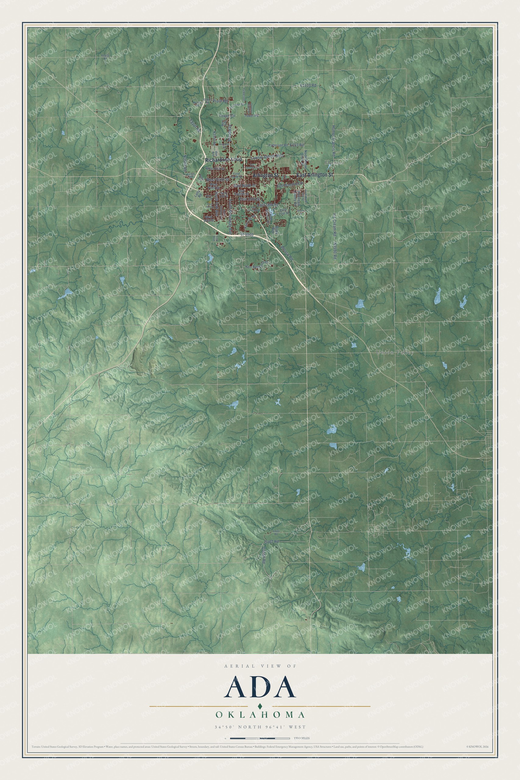 Full map of Ada, Oklahoma, with red buildings, printed street names and the land around them