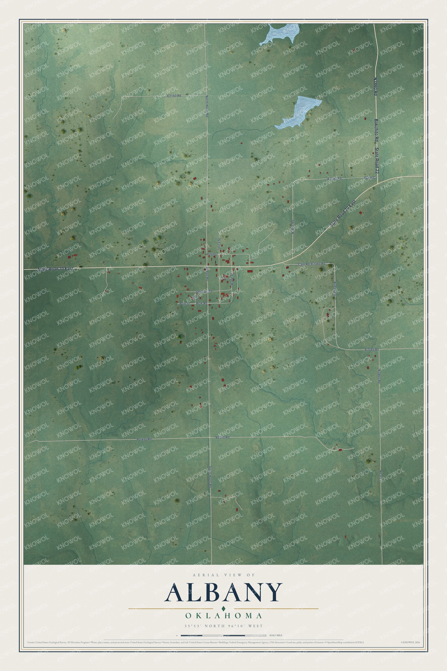 Full map of Albany, Oklahoma, with red buildings, printed street names and the land around them
