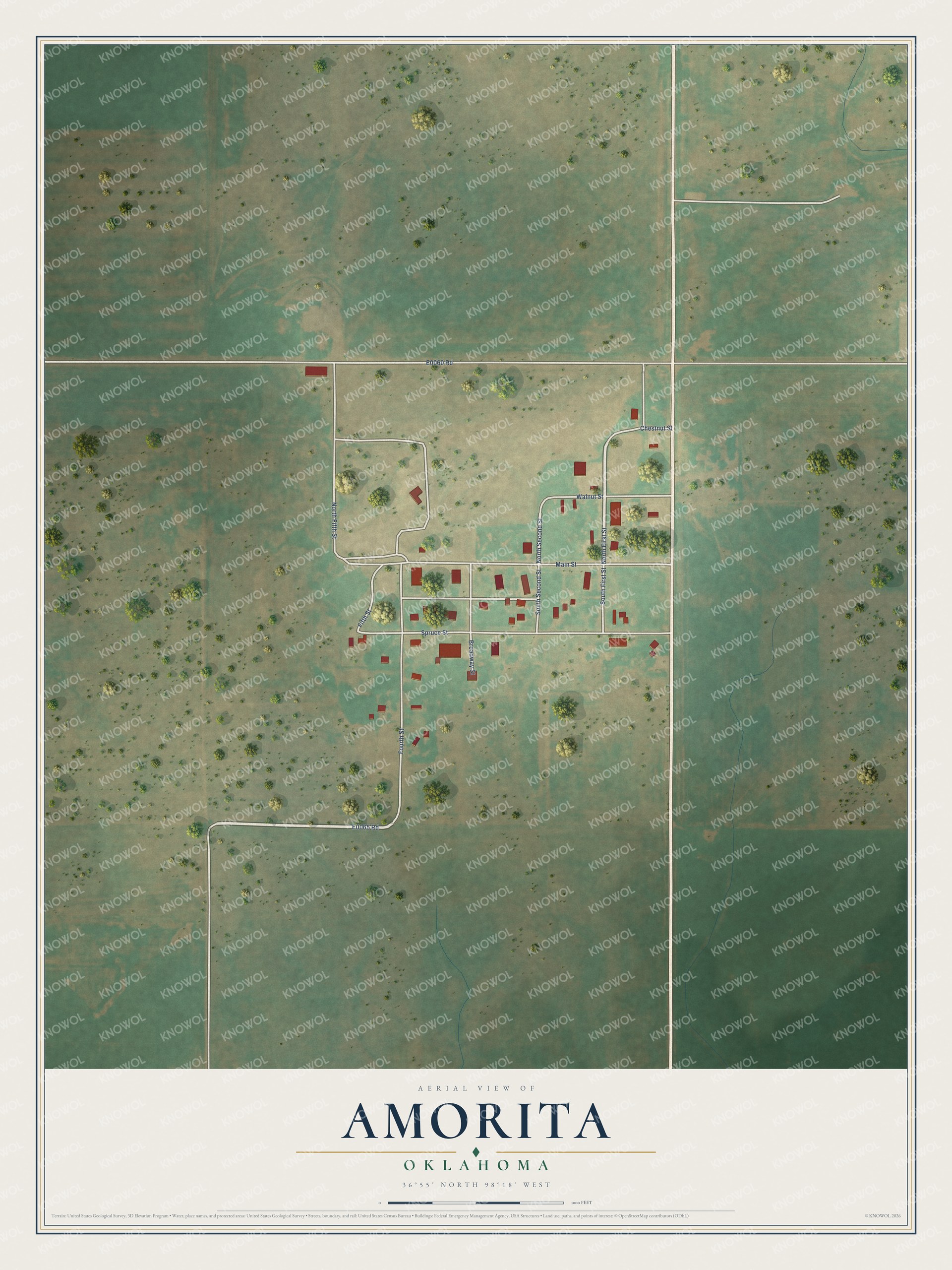 Full map of Amorita, Oklahoma, with red buildings, printed street names and the land around them