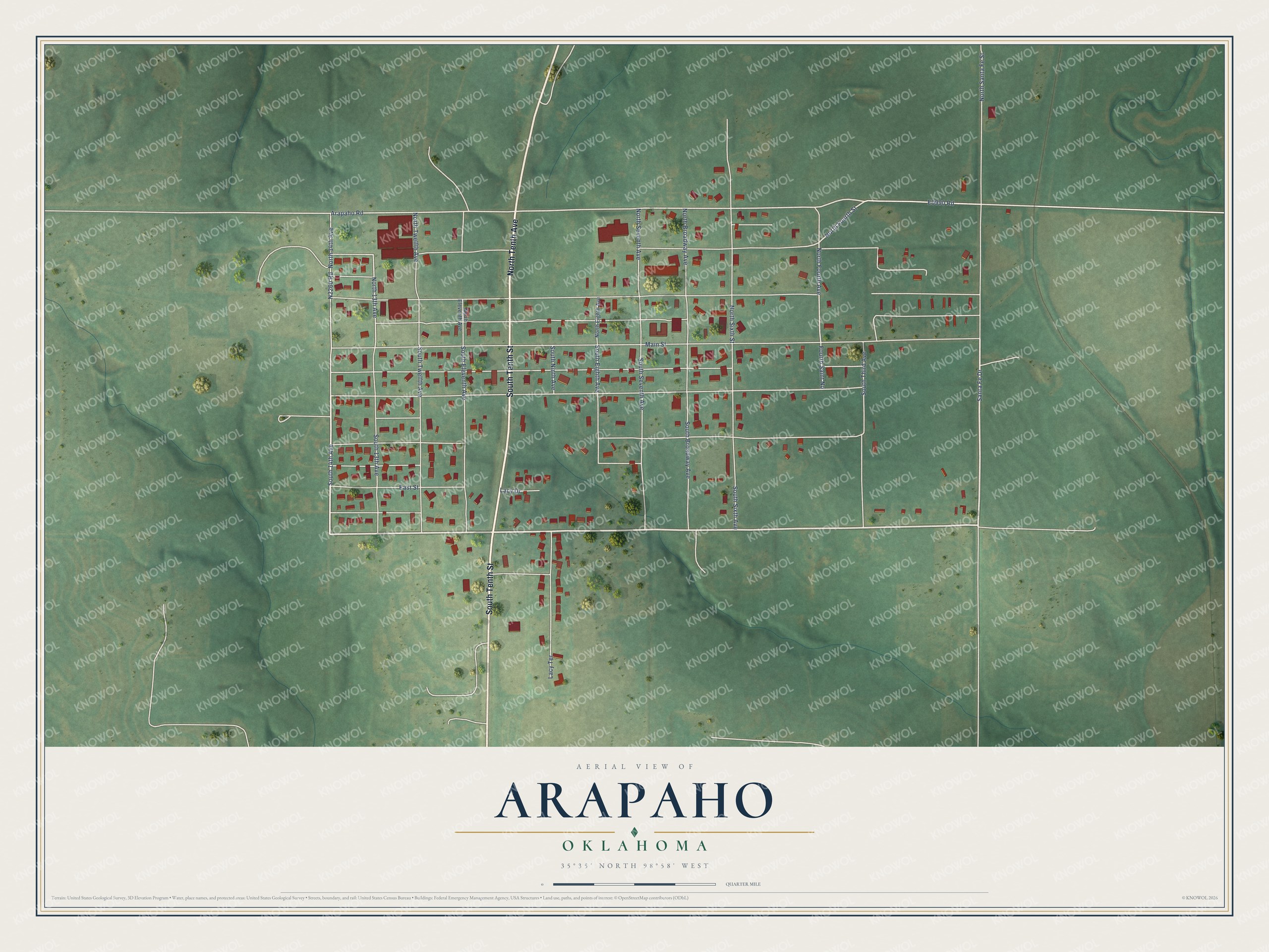 Full map of Arapaho, Oklahoma, with red buildings, printed street names and the land around them