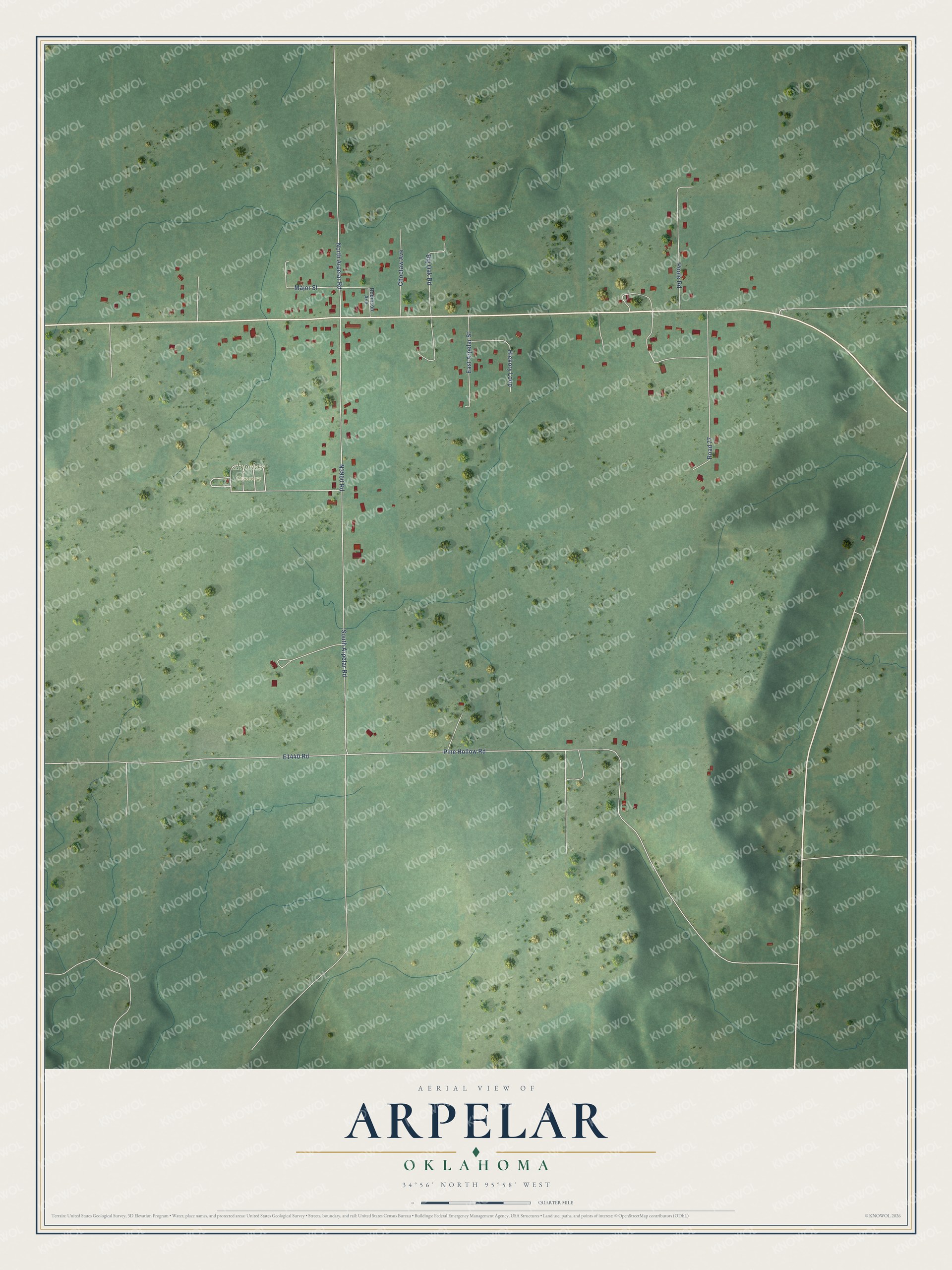 Full map of Arpelar, Oklahoma, with red buildings, printed street names and the land around them