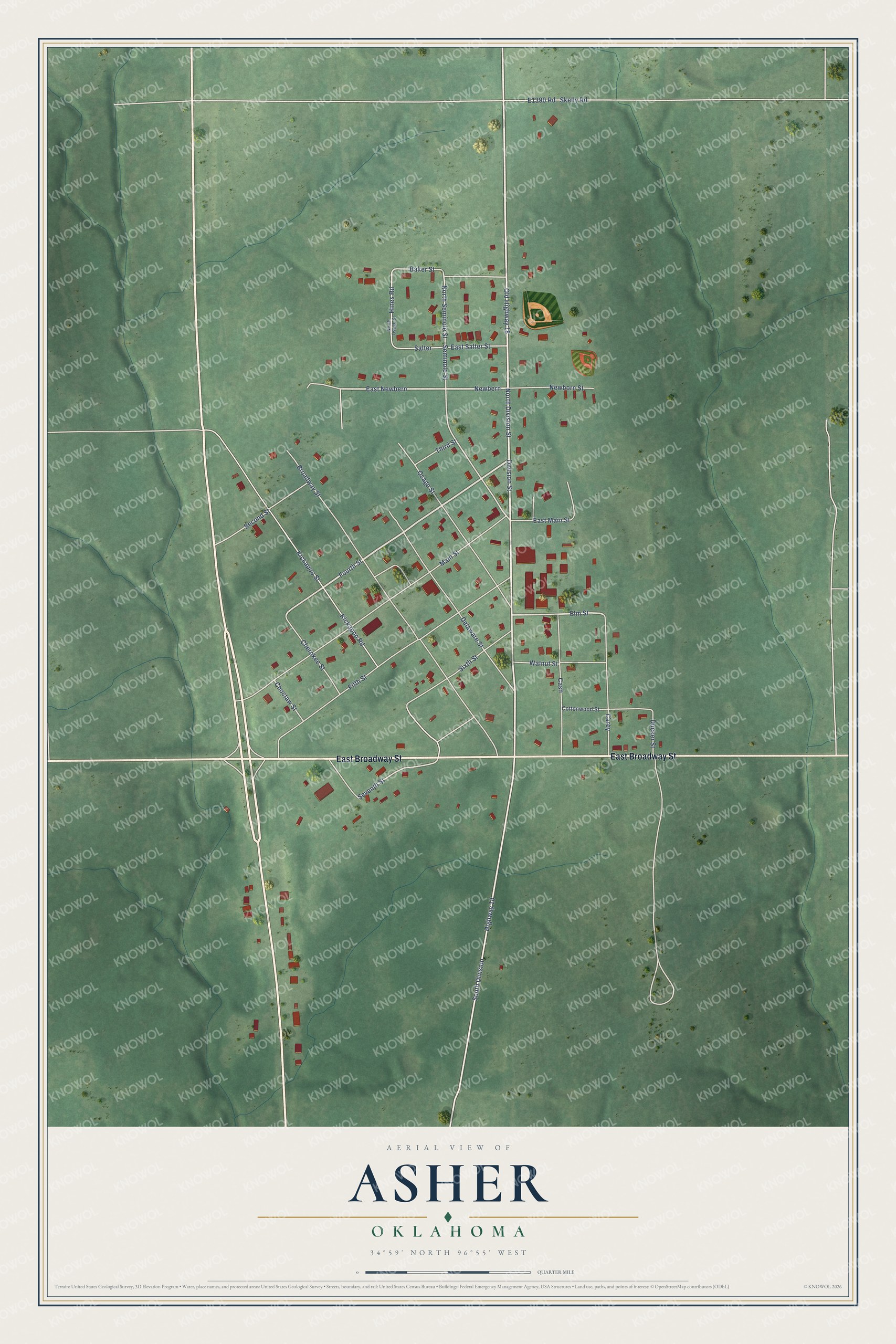 Full map of Asher, Oklahoma, with red buildings, printed street names and the land around them