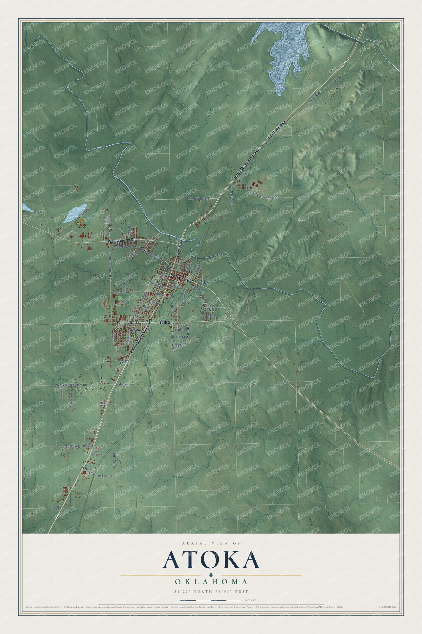 Full map of Atoka, Oklahoma, with red buildings, printed street names and the land around them