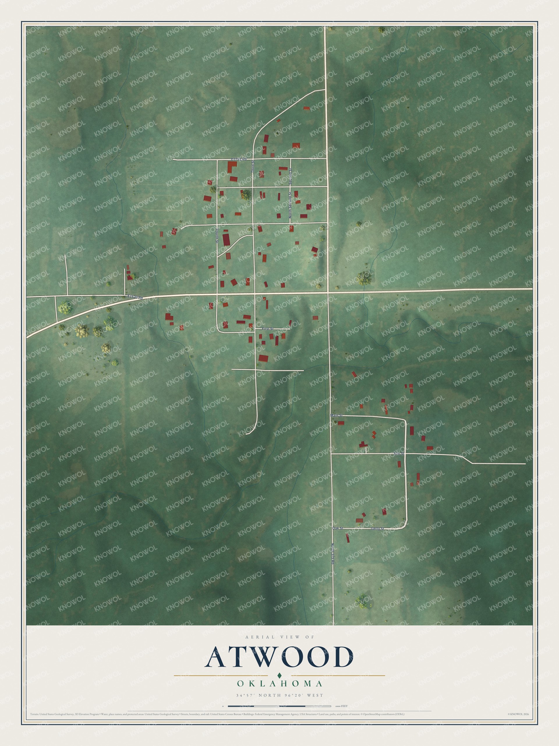 Full map of Atwood, Oklahoma, with red buildings, printed street names and the land around them