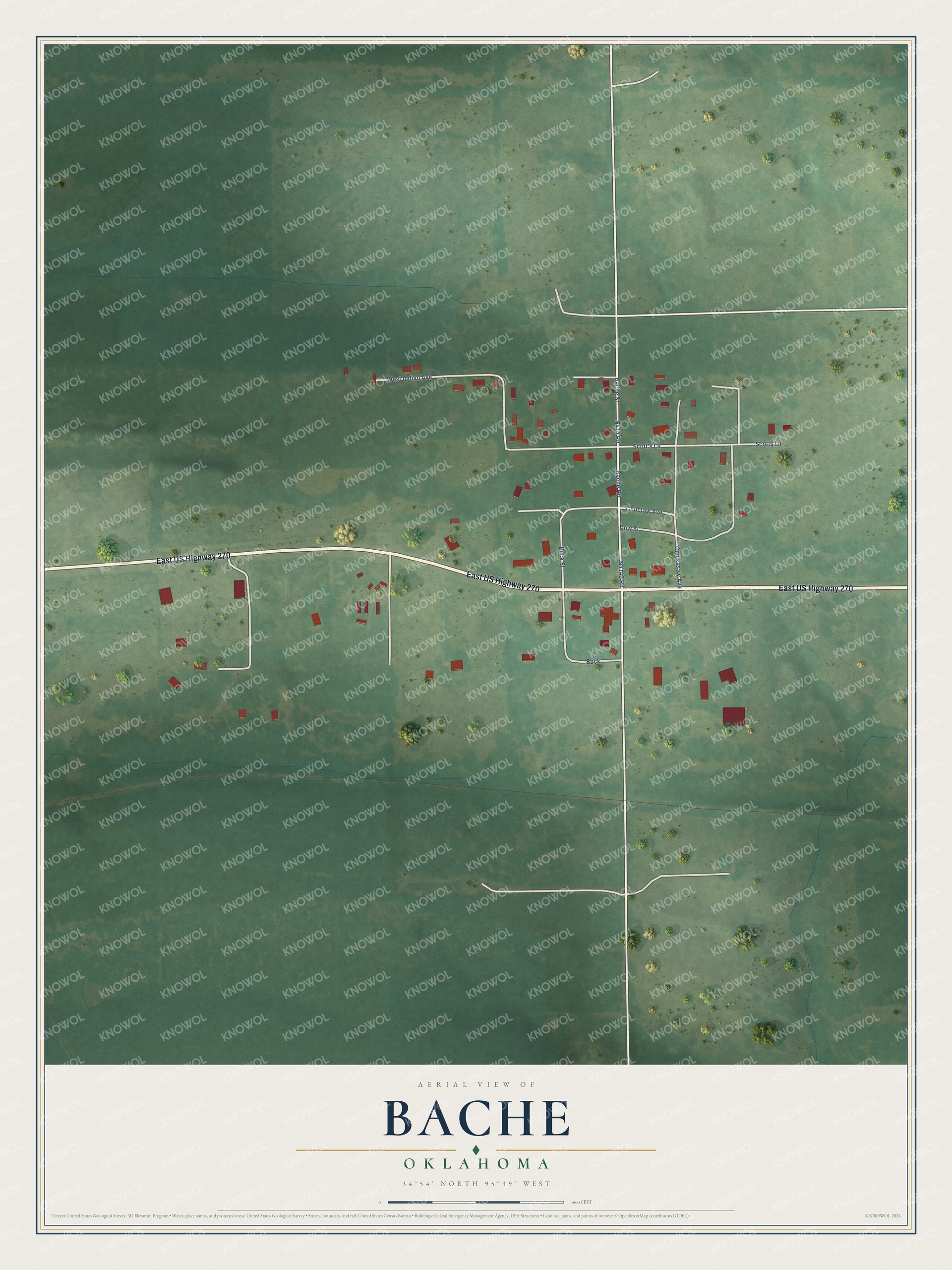 Full map of Bache, Oklahoma, with red buildings, printed street names and the land around them