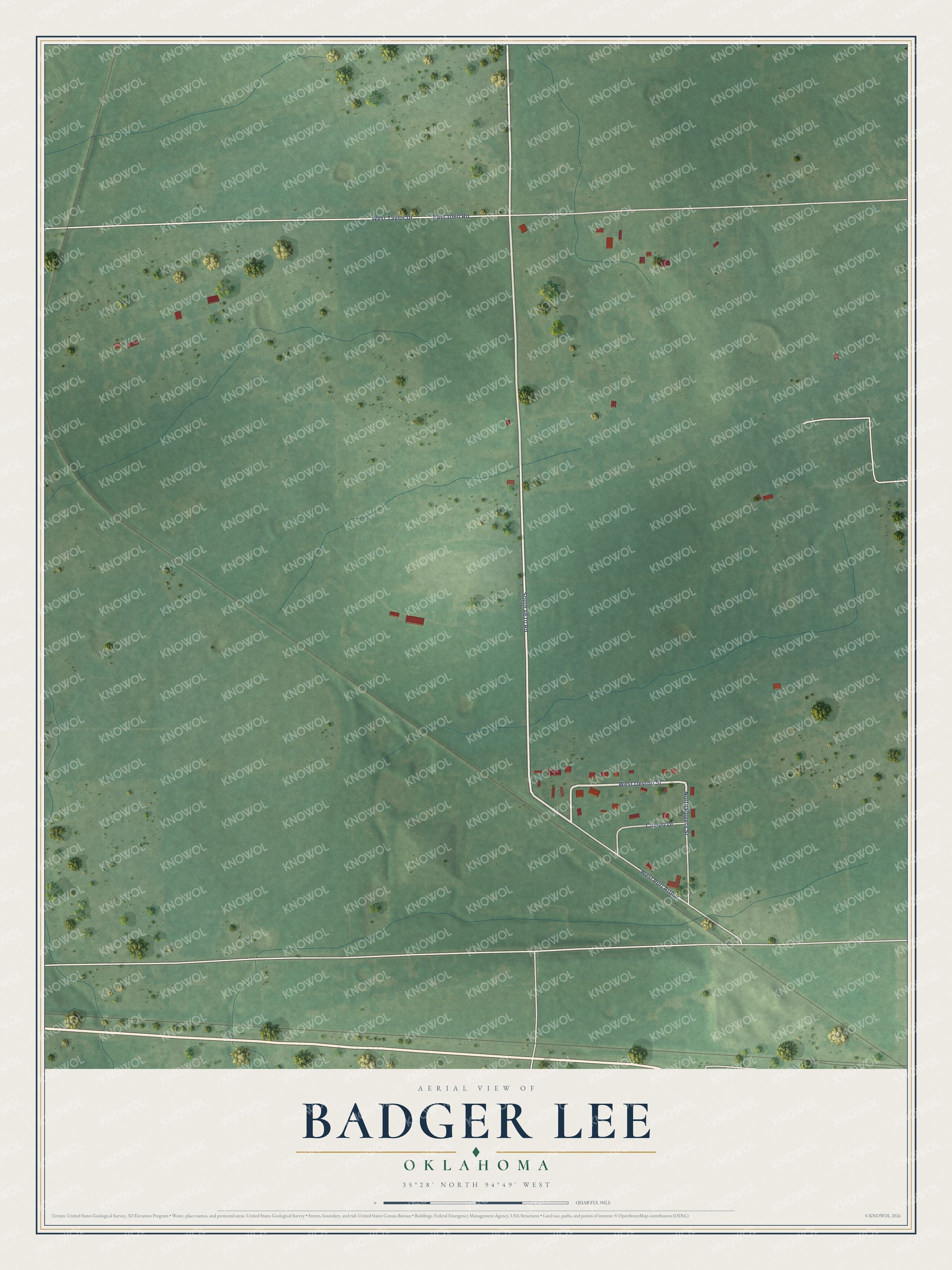 Full map of Badger Lee, Oklahoma, with red buildings, printed street names and the land around them