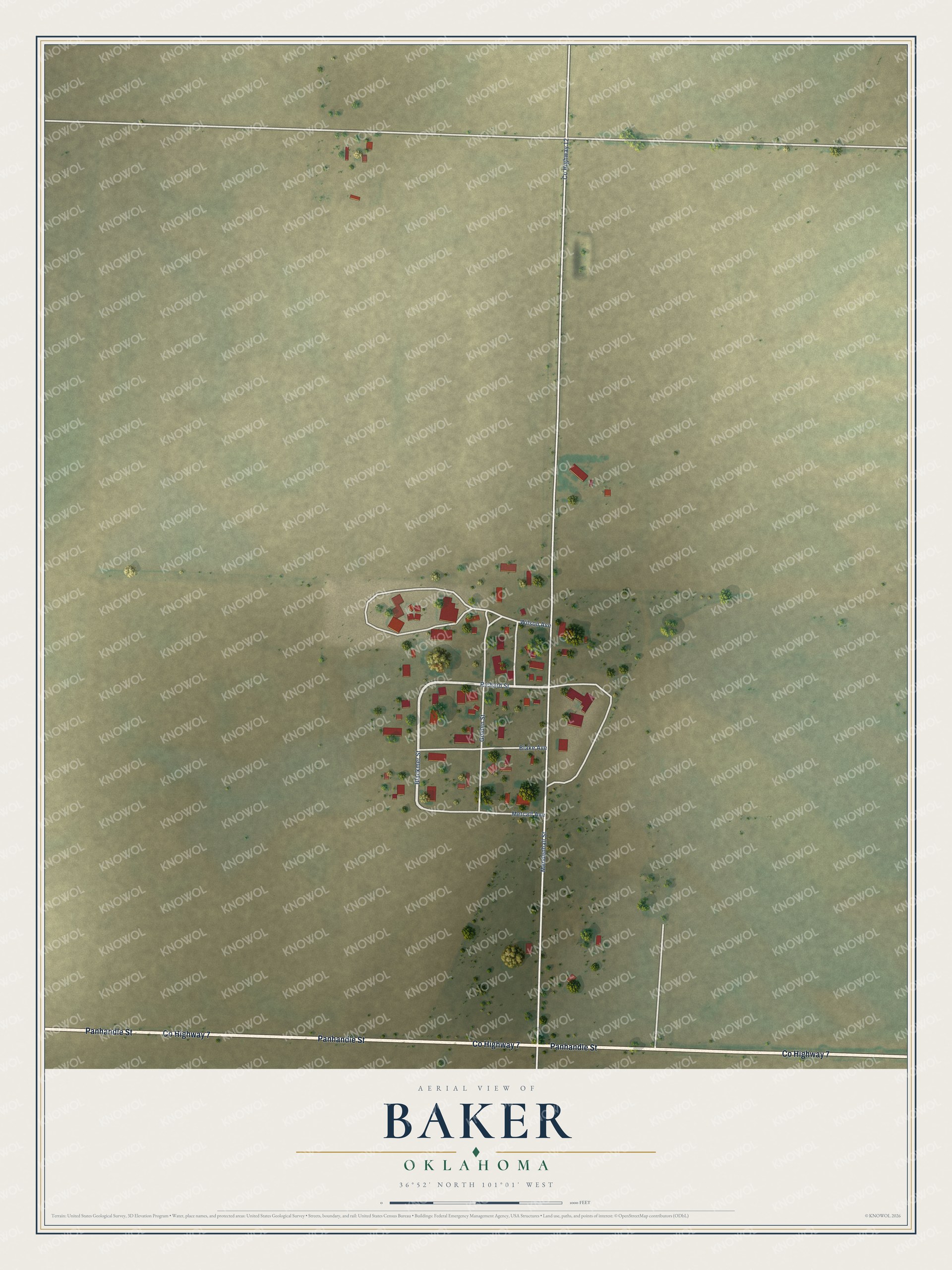 Full map of Baker, Oklahoma, with red buildings, printed street names and the land around them