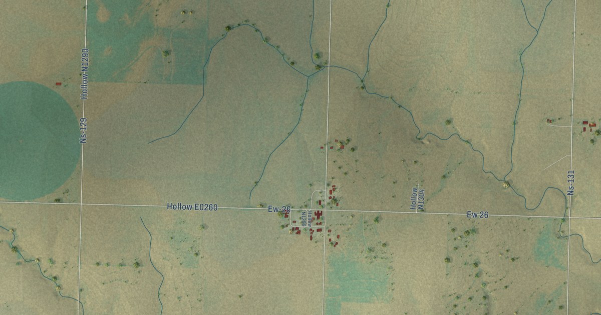 Close-up of streets and buildings in Balko, Oklahoma