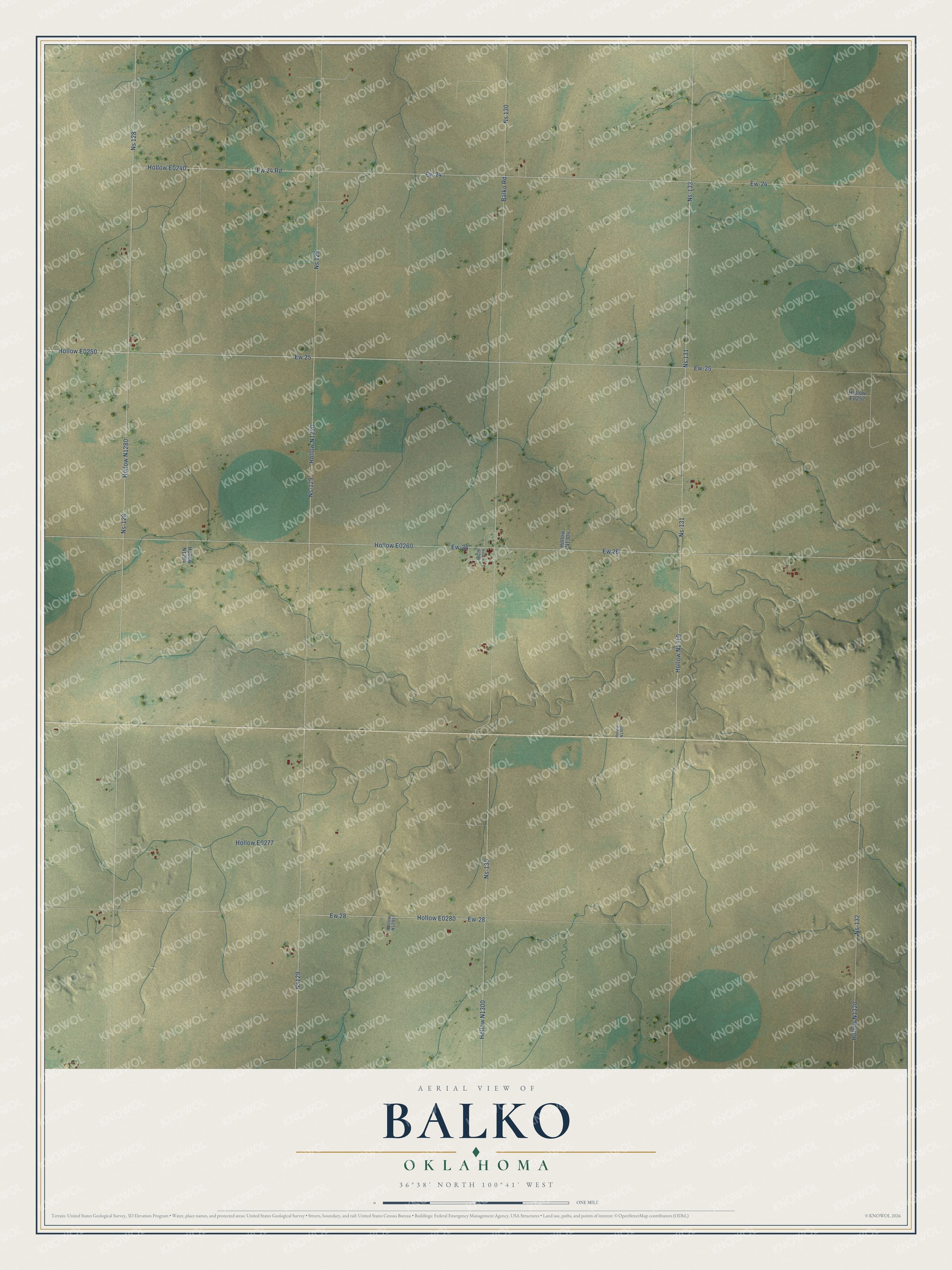 Full map of Balko, Oklahoma, with red buildings, printed street names and the land around them