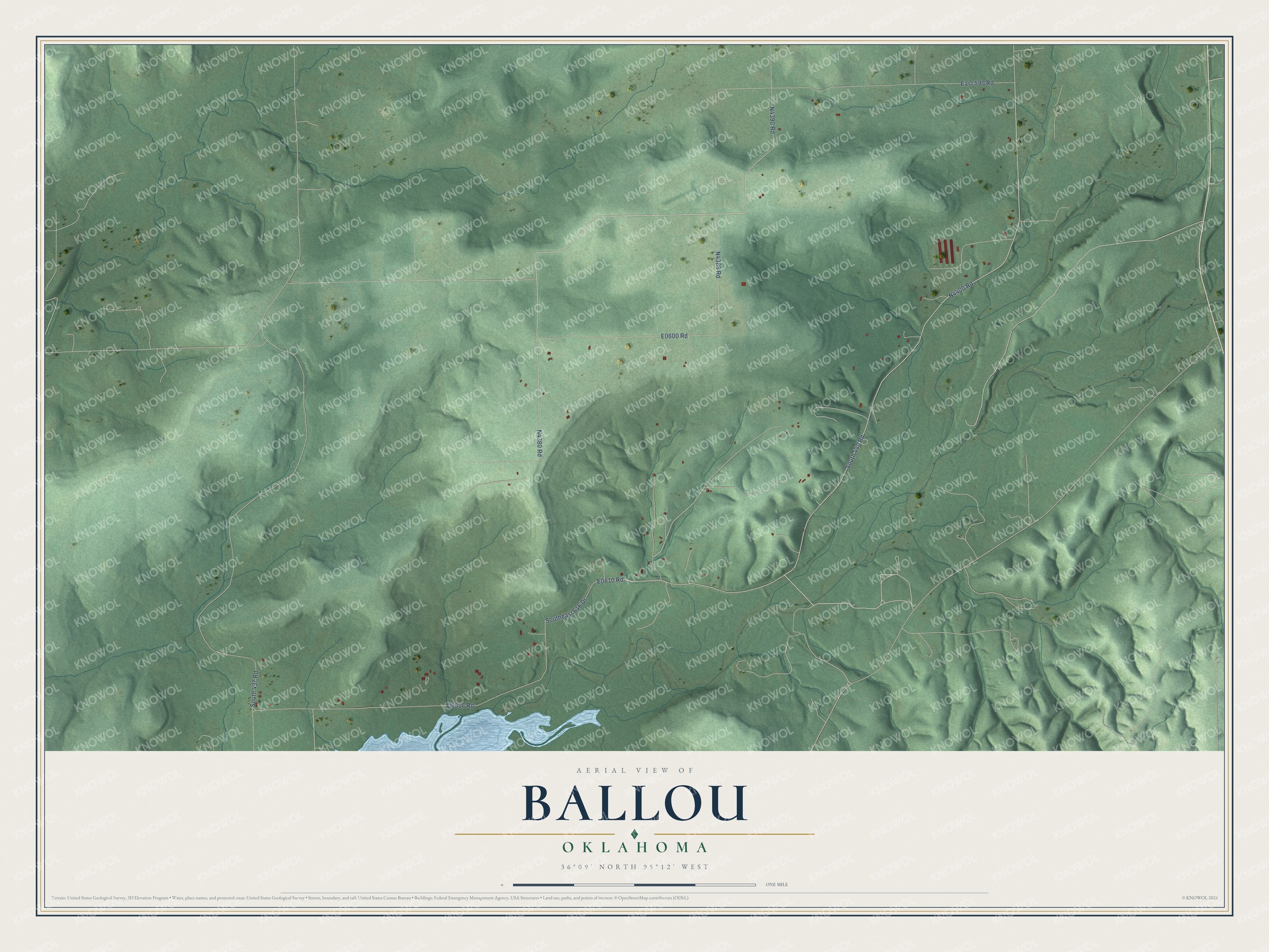 Full map of Ballou, Oklahoma, with red buildings, printed street names and the land around them