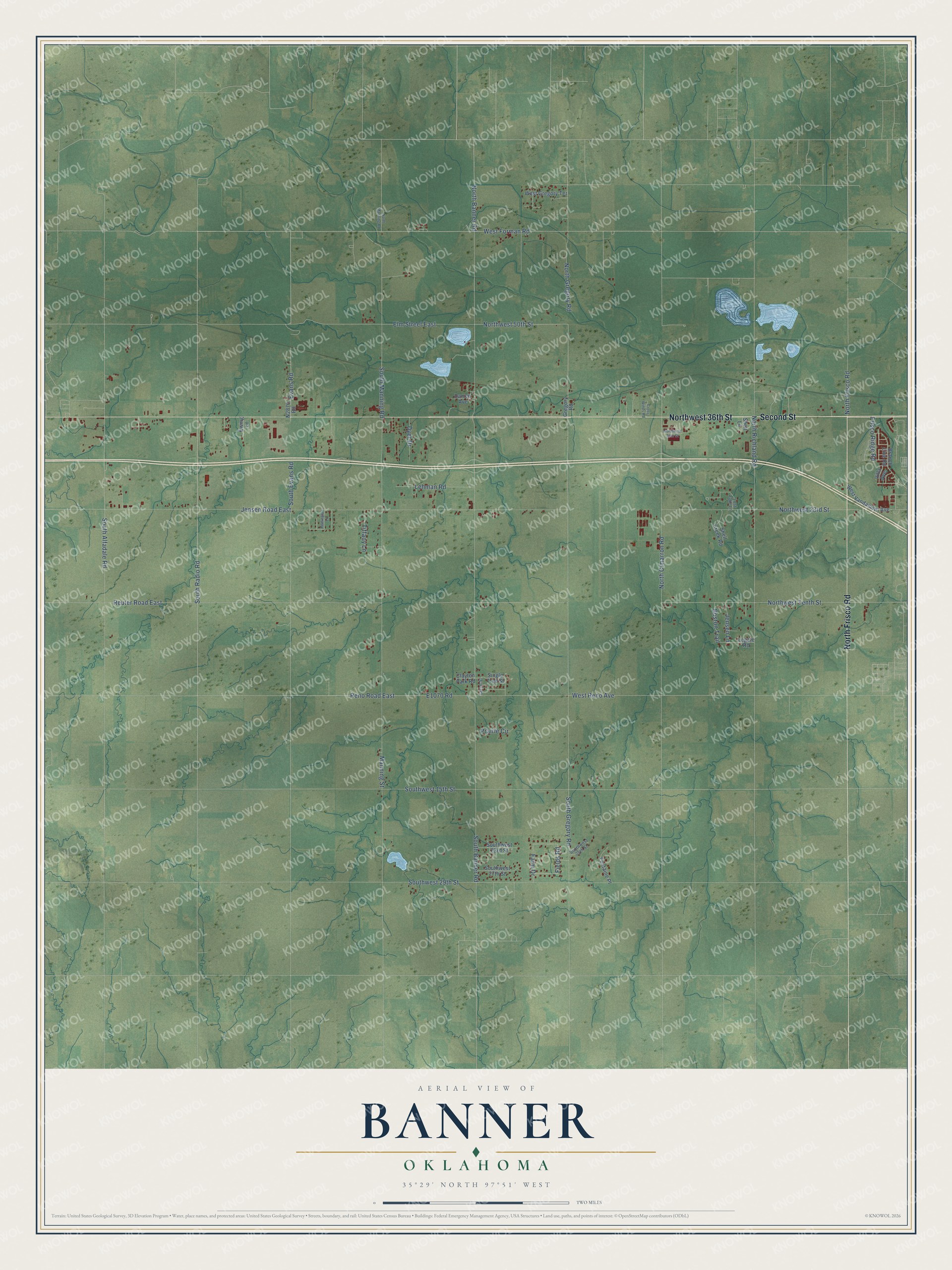 Full map of Banner, Oklahoma, with red buildings, printed street names and the land around them