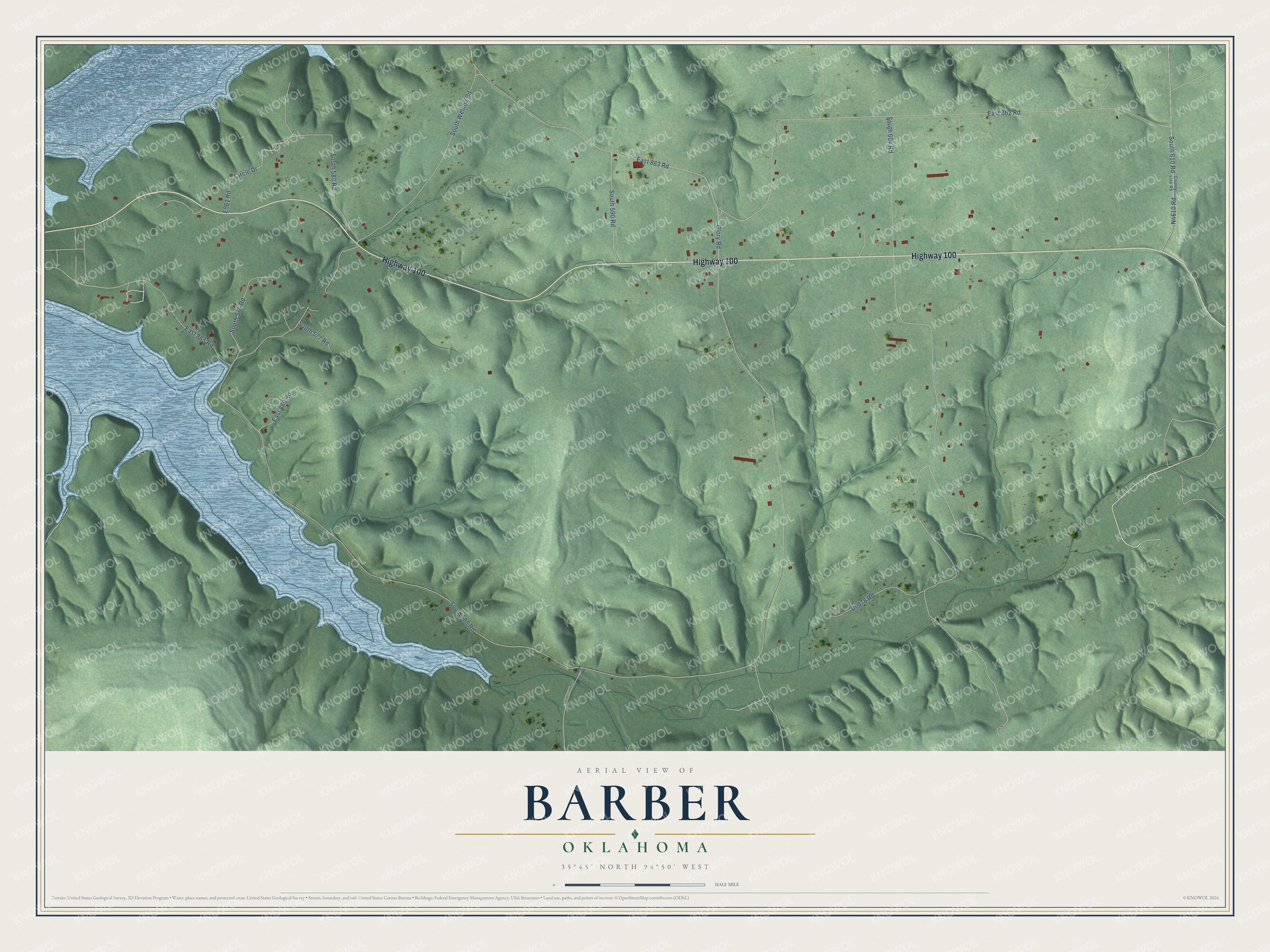 Full map of Barber, Oklahoma, with red buildings, printed street names and the land around them