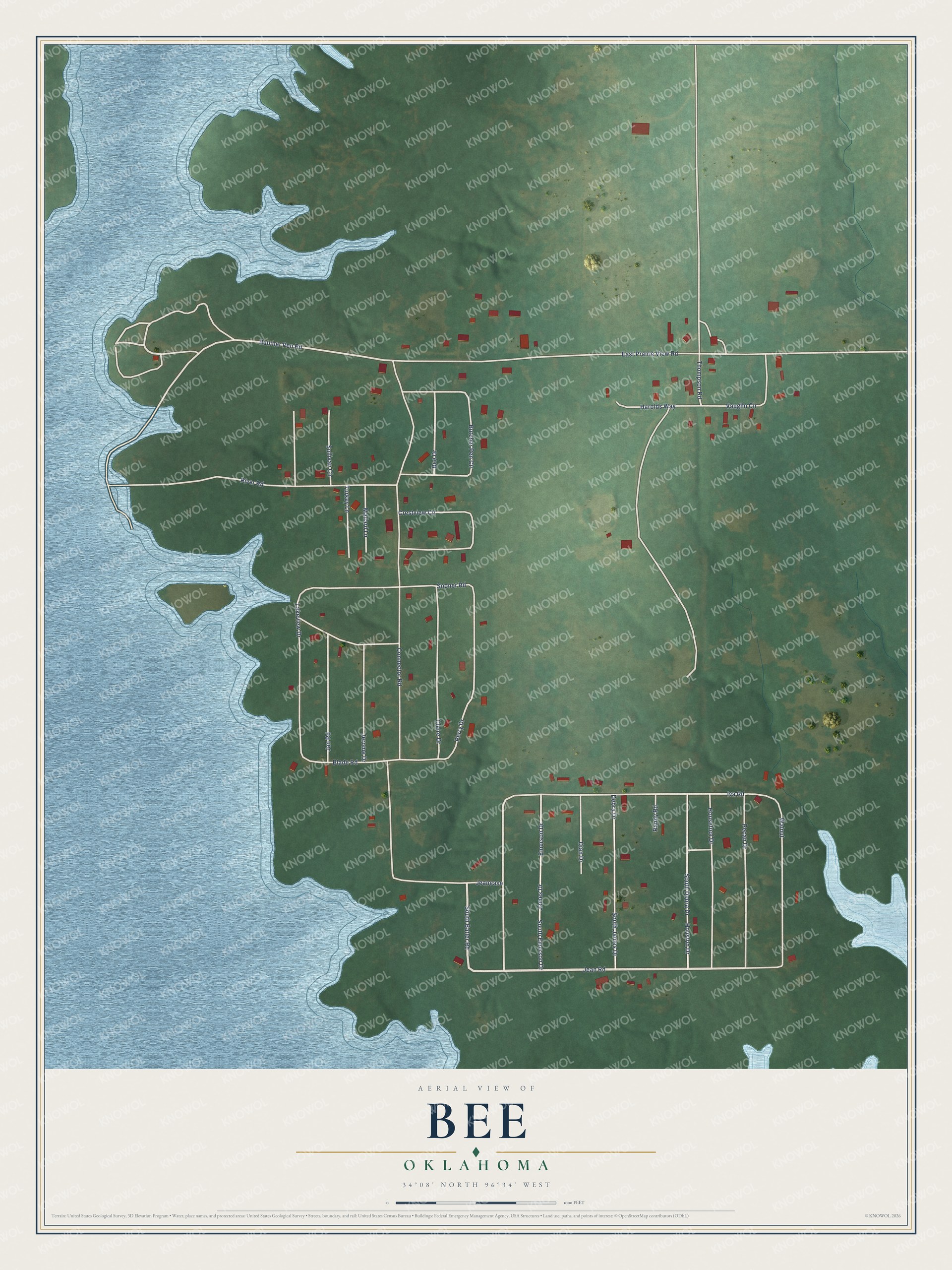Full map of Bee, Oklahoma, with red buildings, printed street names and the land around them