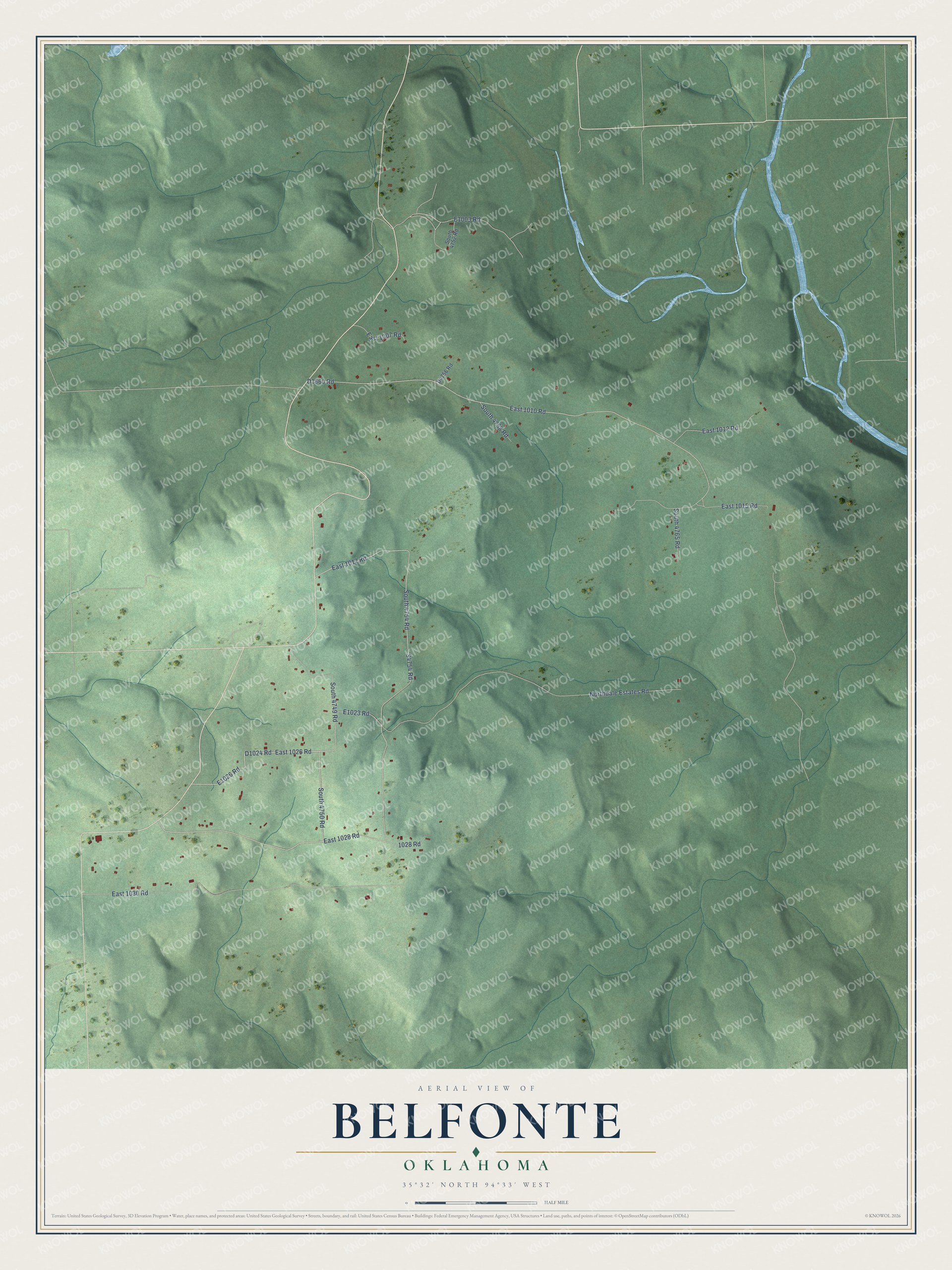 Full map of Belfonte, Oklahoma, with red buildings, printed street names and the land around them
