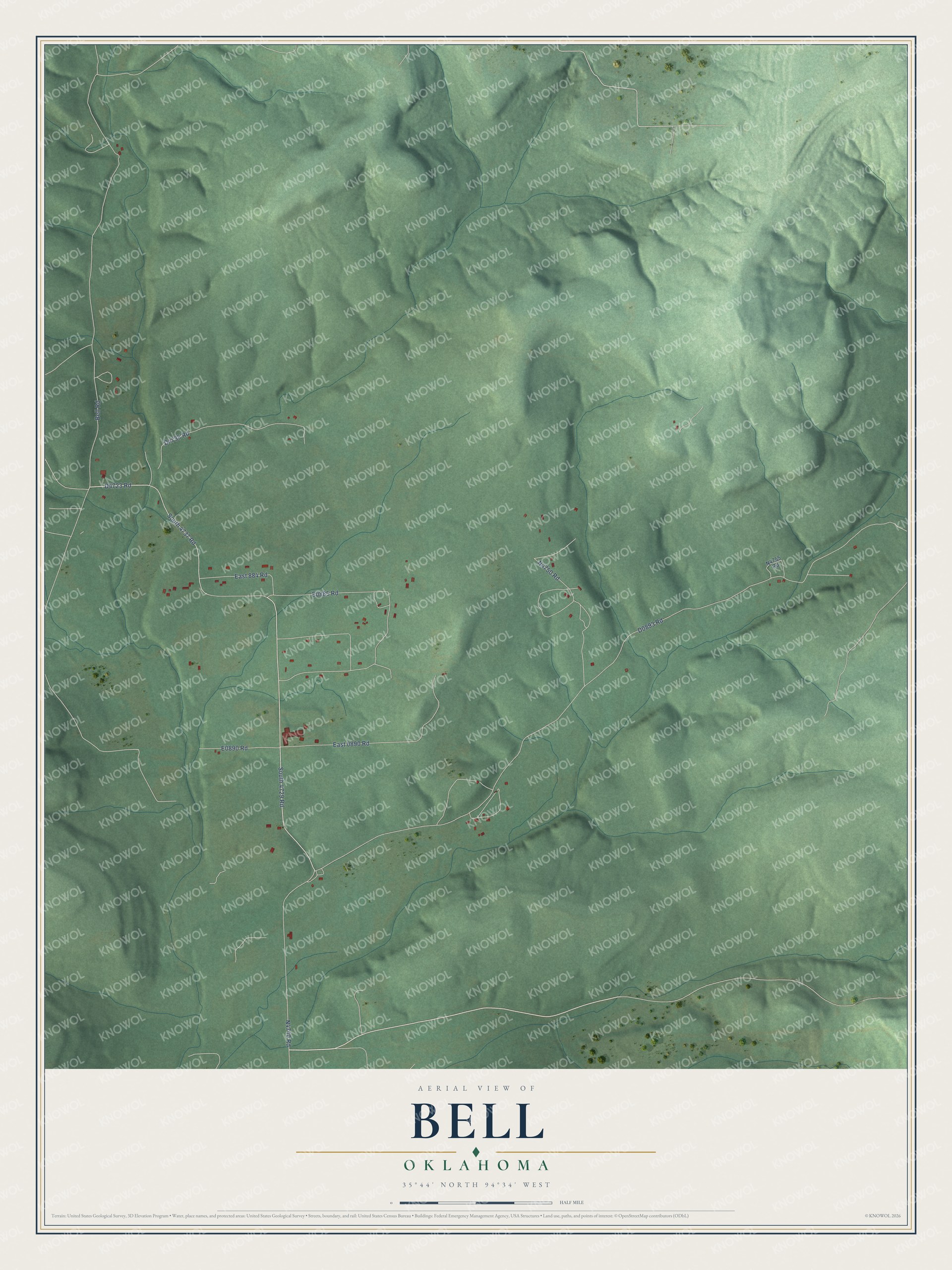 Full map of Bell, Oklahoma, with red buildings, printed street names and the land around them
