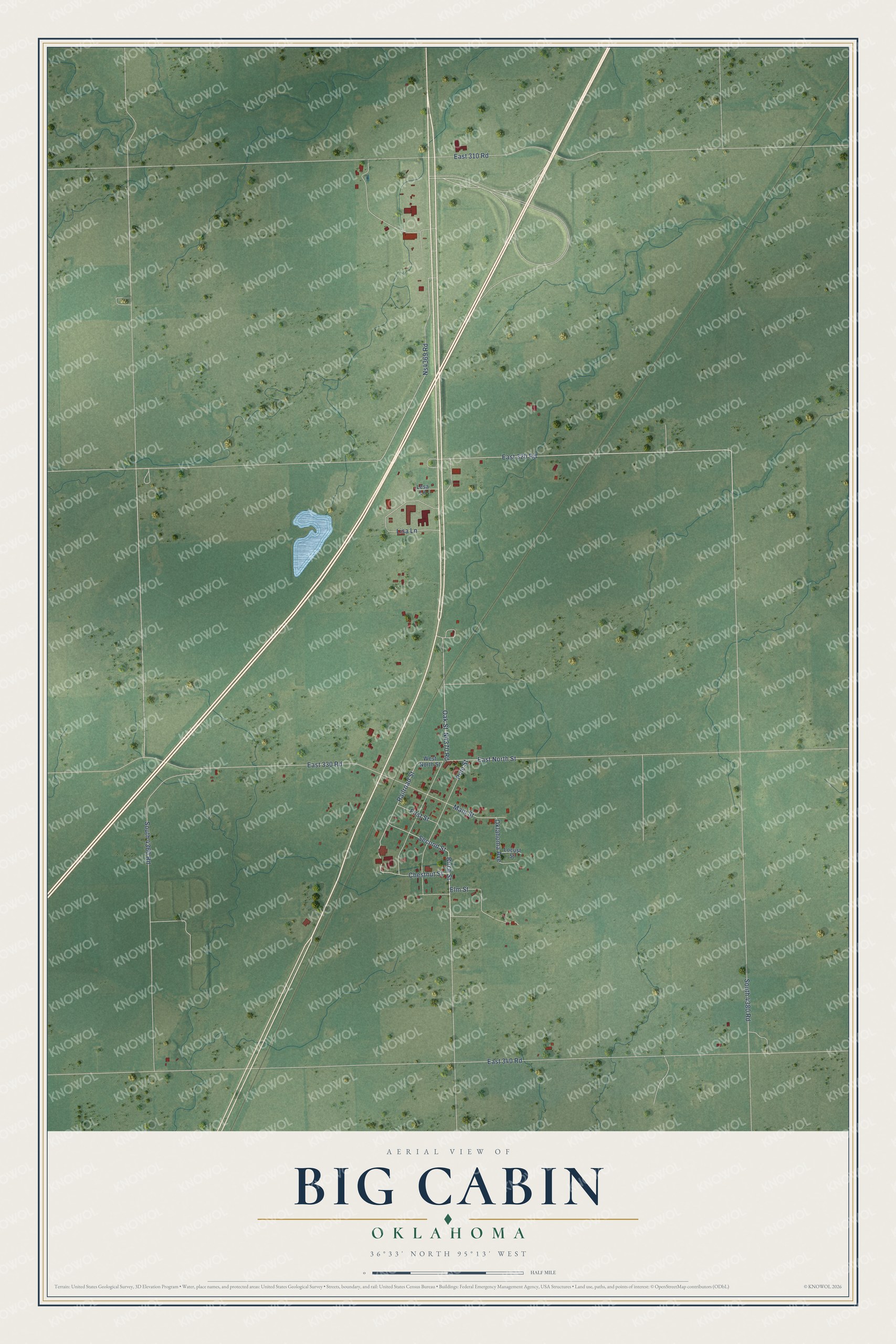 Full map of Big Cabin, Oklahoma, with red buildings, printed street names and the land around them