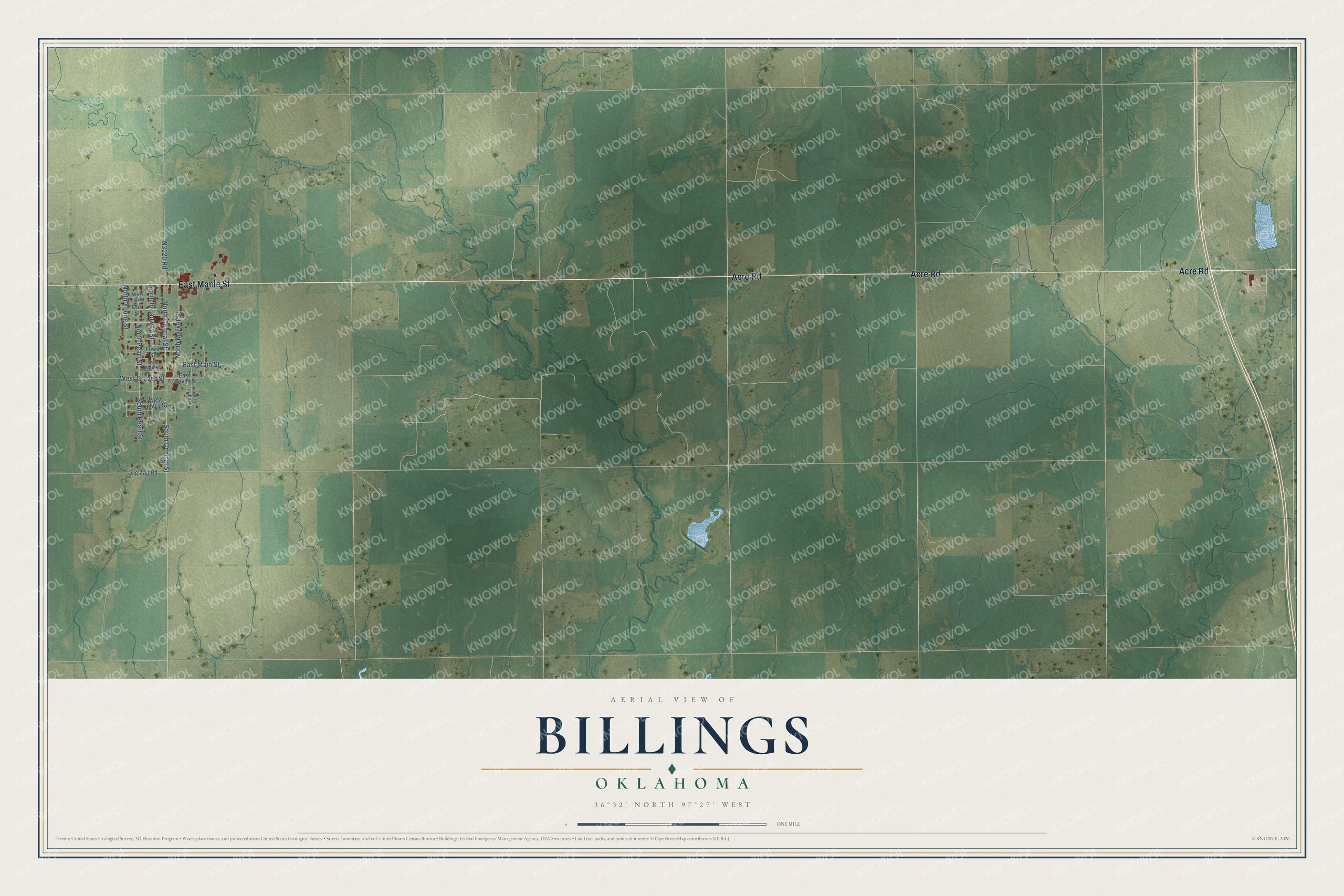 Full map of Billings, Oklahoma, with red buildings, printed street names and the land around them