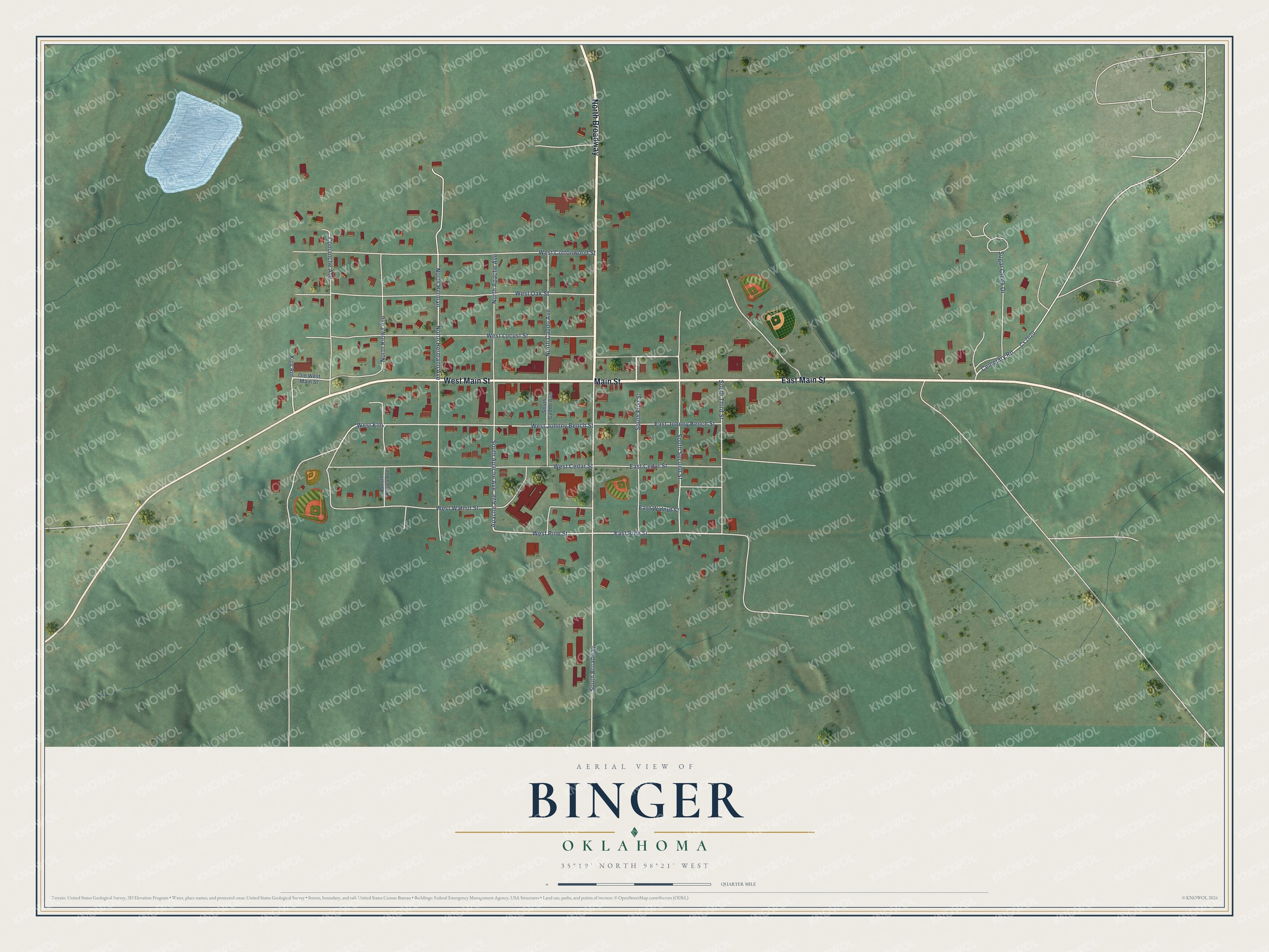 Full map of Binger, Oklahoma, with red buildings, printed street names and the land around them
