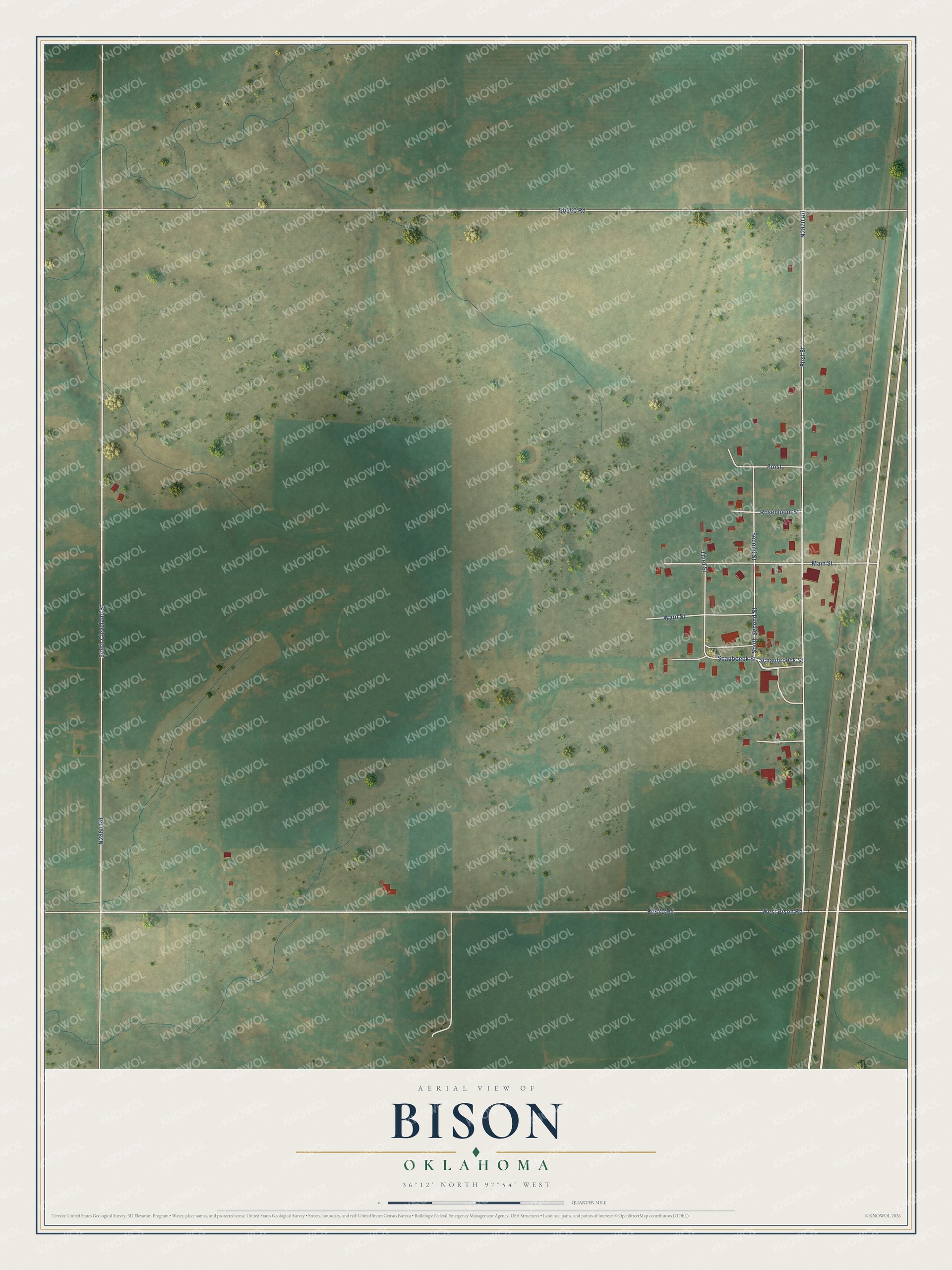 Full map of Bison, Oklahoma, with red buildings, printed street names and the land around them
