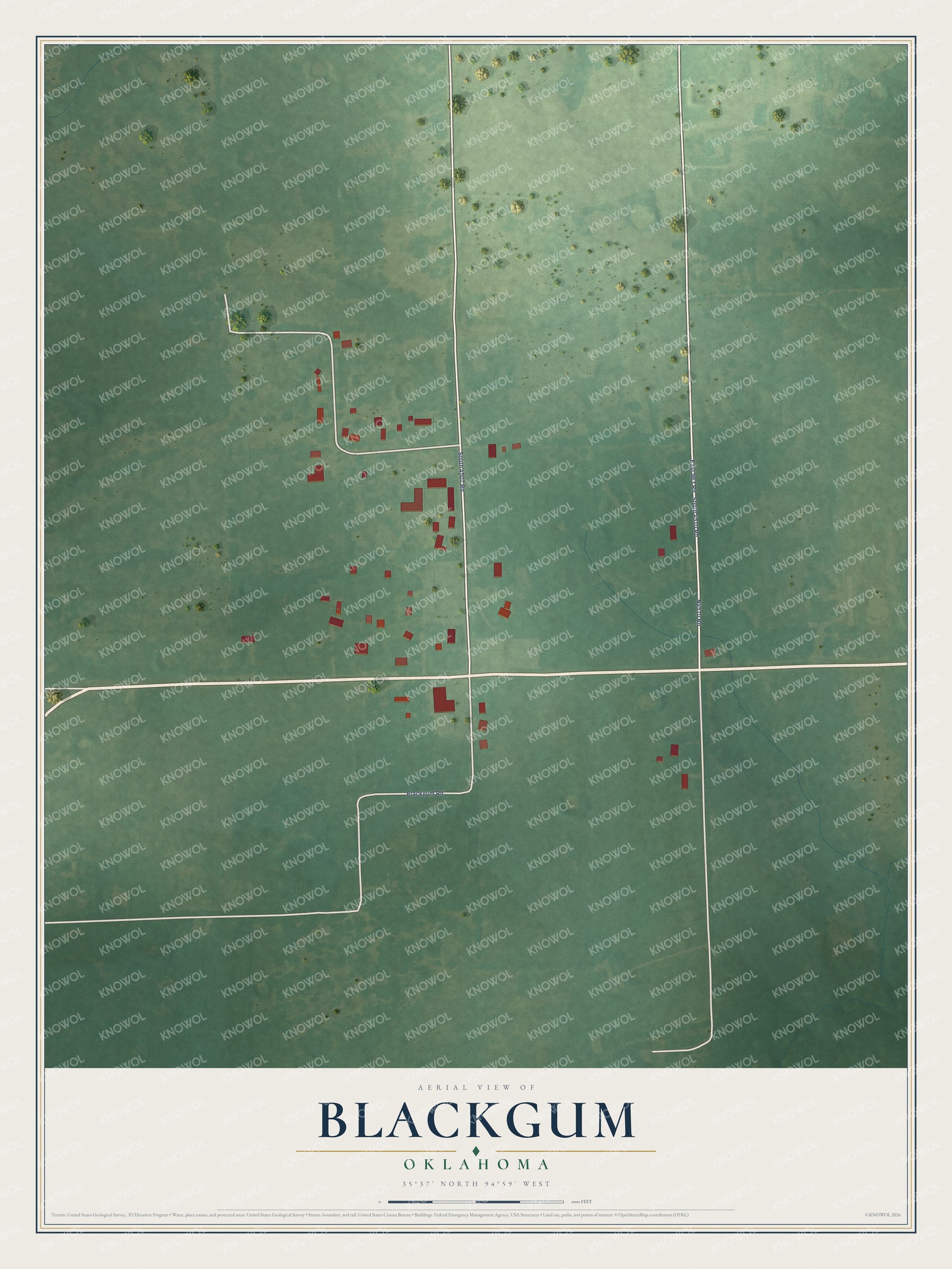 Full map of Blackgum, Oklahoma, with red buildings, printed street names and the land around them