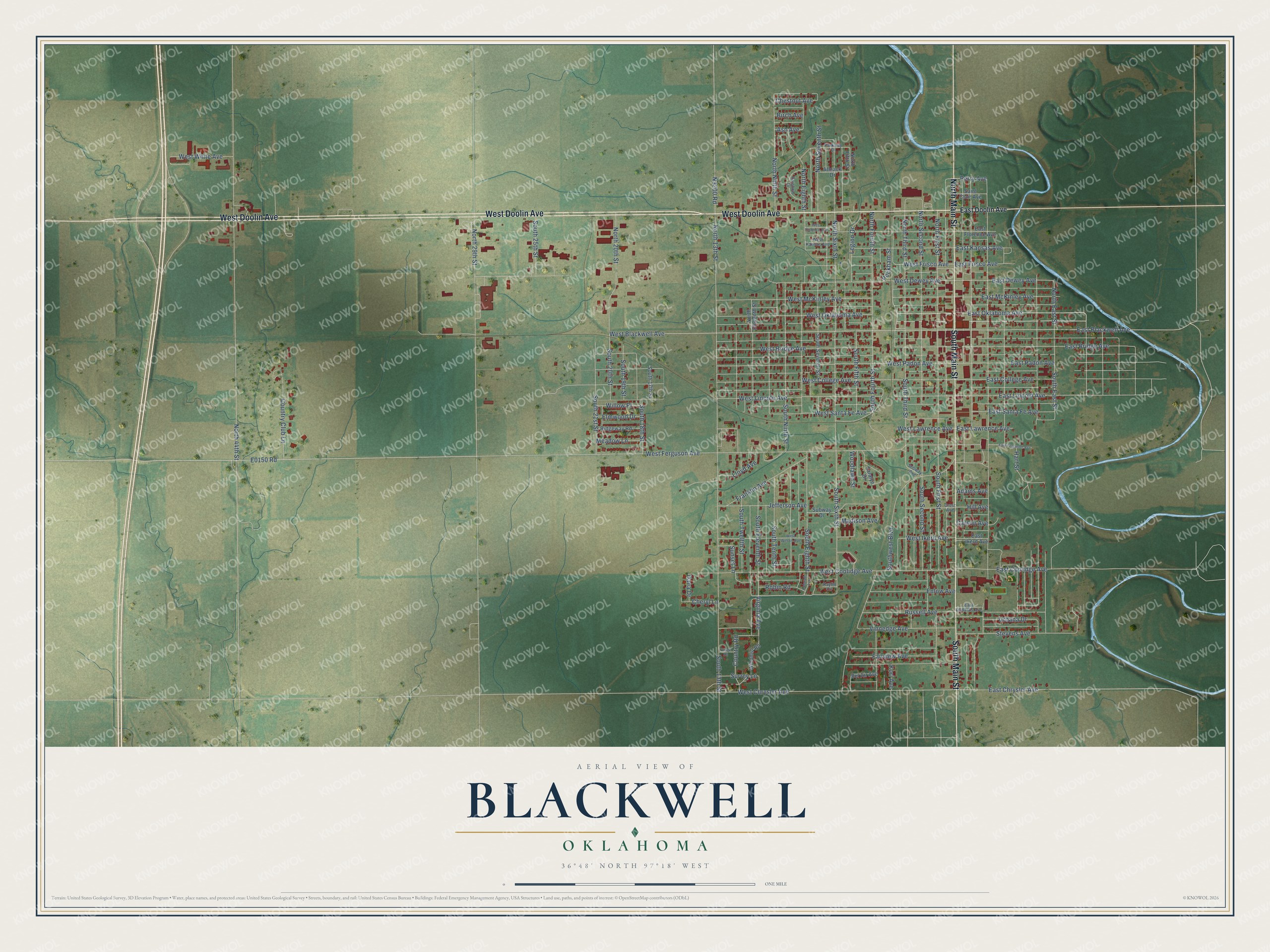 Full map of Blackwell, Oklahoma, with red buildings, printed street names and the land around them