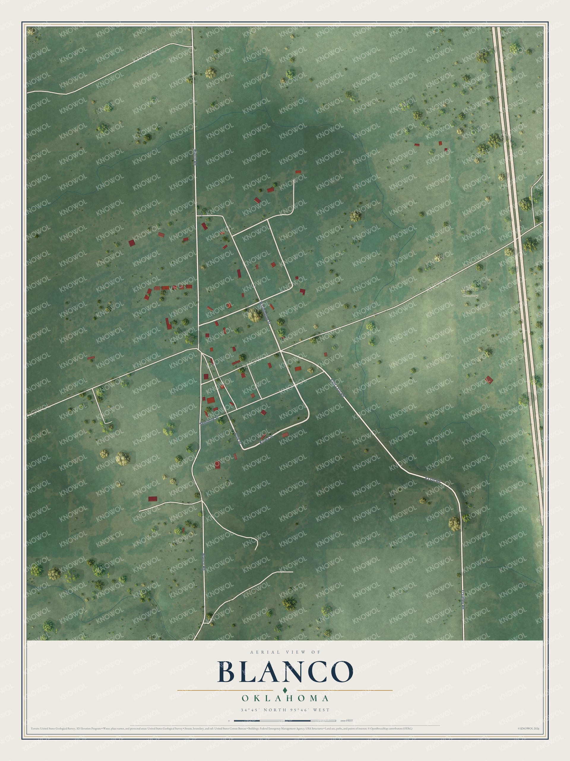 Full map of Blanco, Oklahoma, with red buildings, printed street names and the land around them