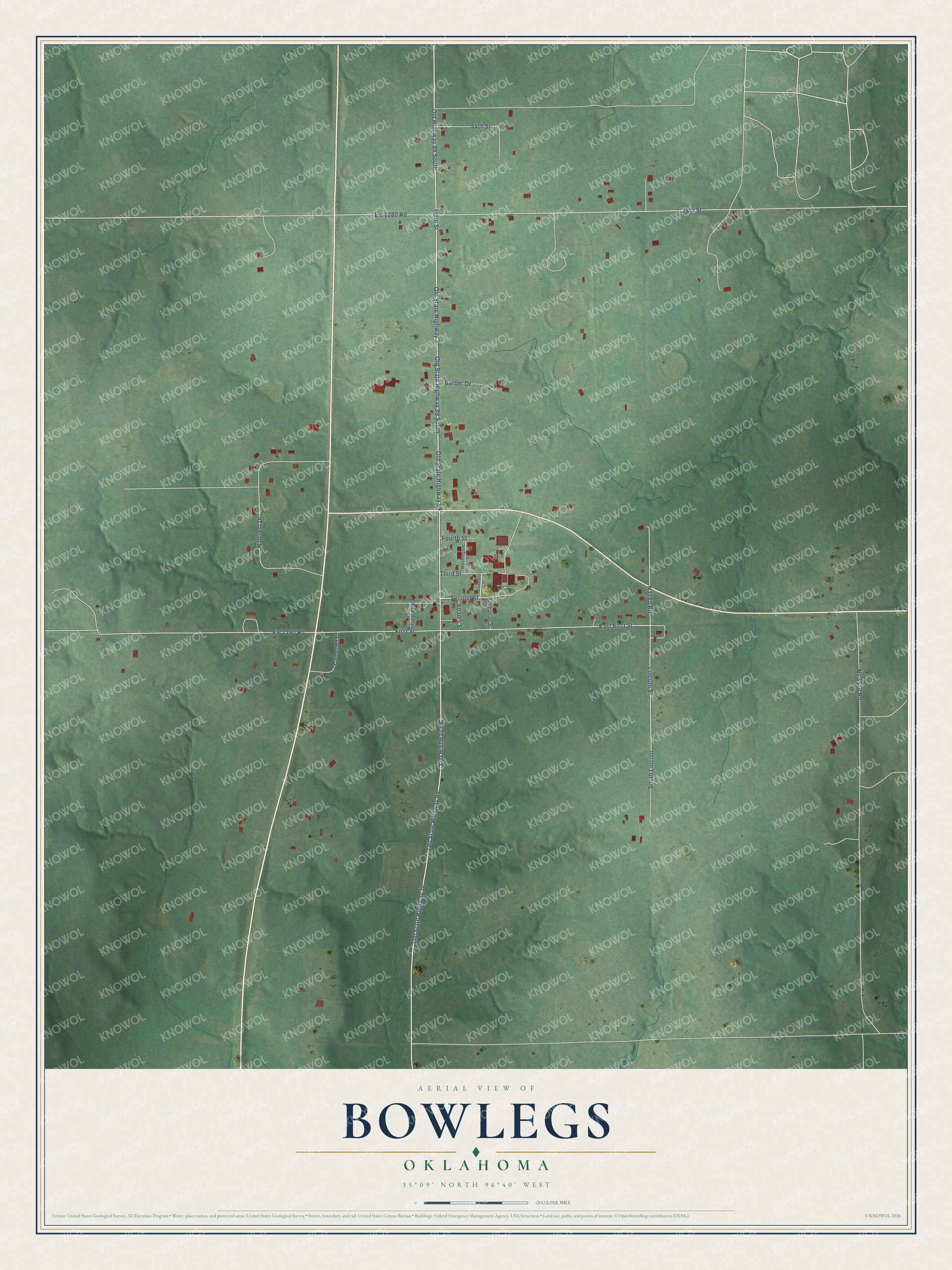 Watermarked full-map preview of Bowlegs, Oklahoma