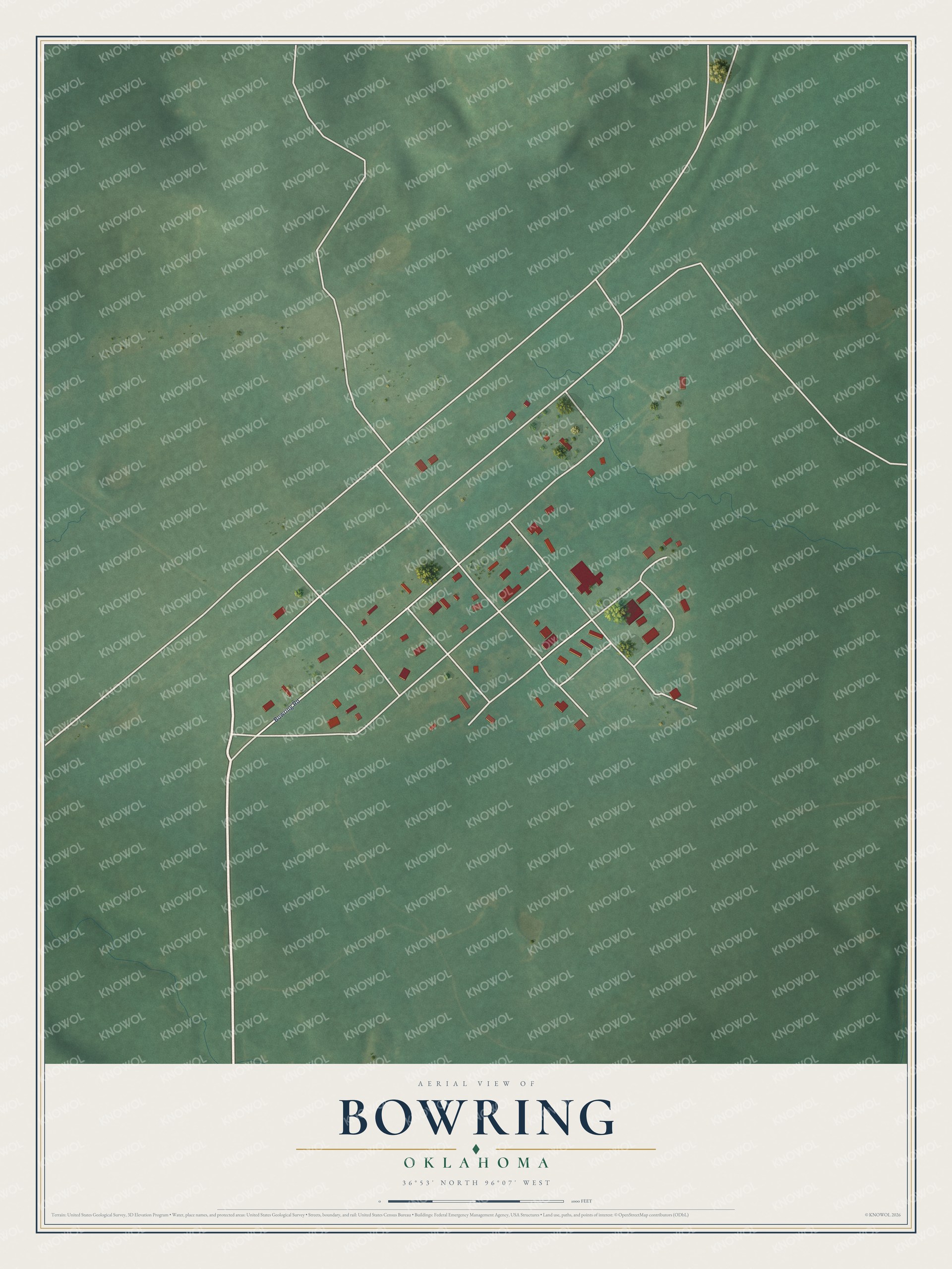 Full map of Bowring, Oklahoma, with red buildings, printed street names and the land around them