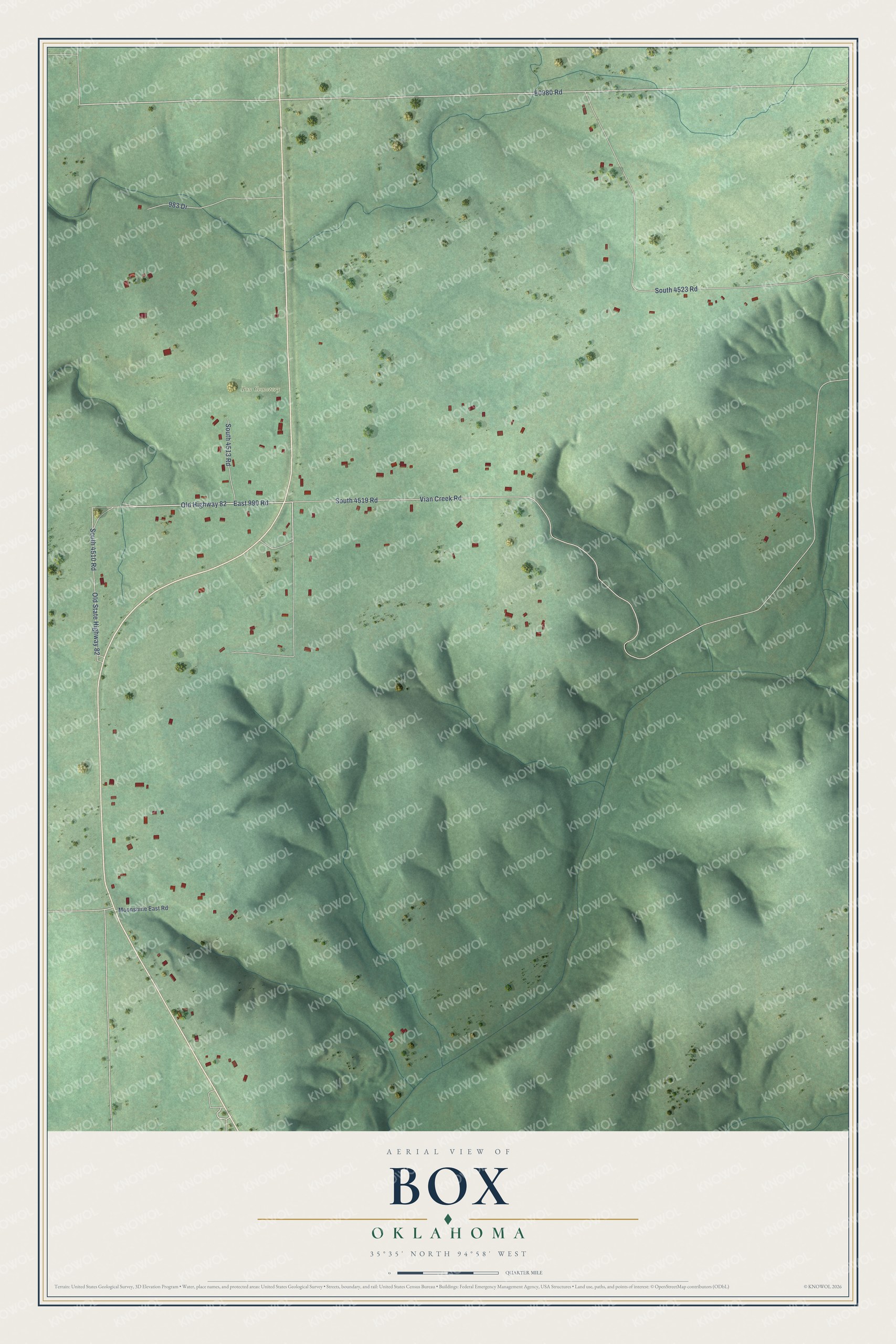 Full map of Box, Oklahoma, with red buildings, printed street names and the land around them