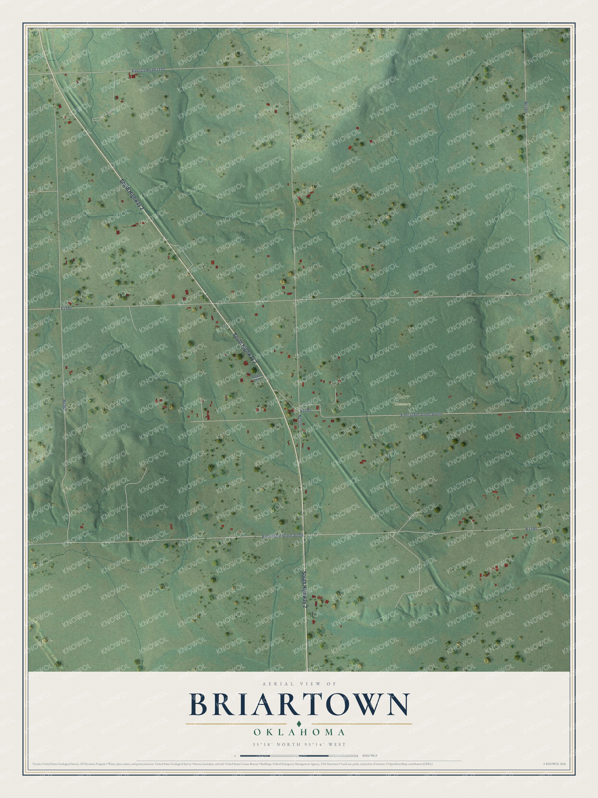 Full map of Briartown, Oklahoma, with red buildings, printed street names and the land around them