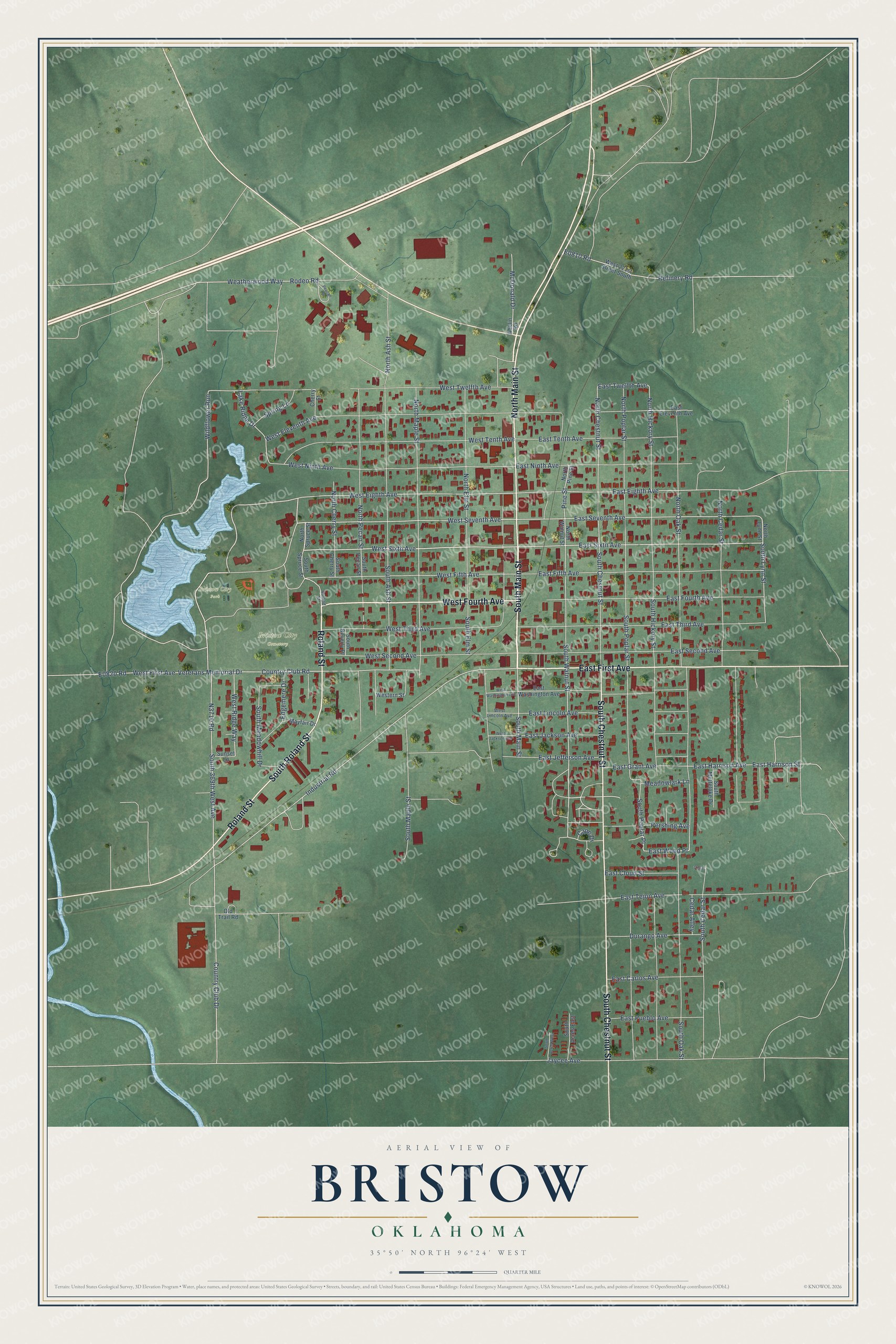 Full map of Bristow, Oklahoma, with red buildings, printed street names and the land around them