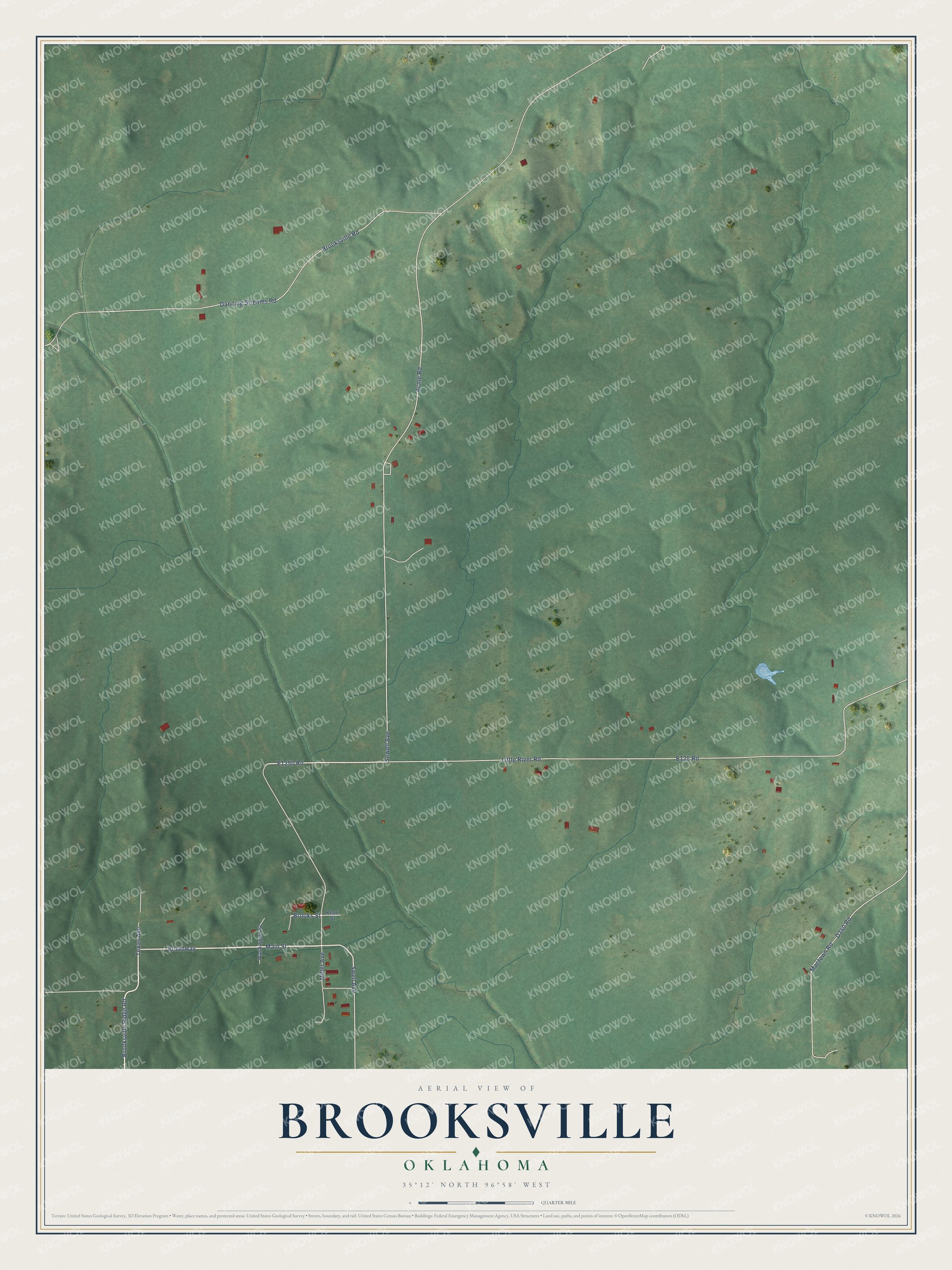 Full map of Brooksville, Oklahoma, with red buildings, printed street names and the land around them