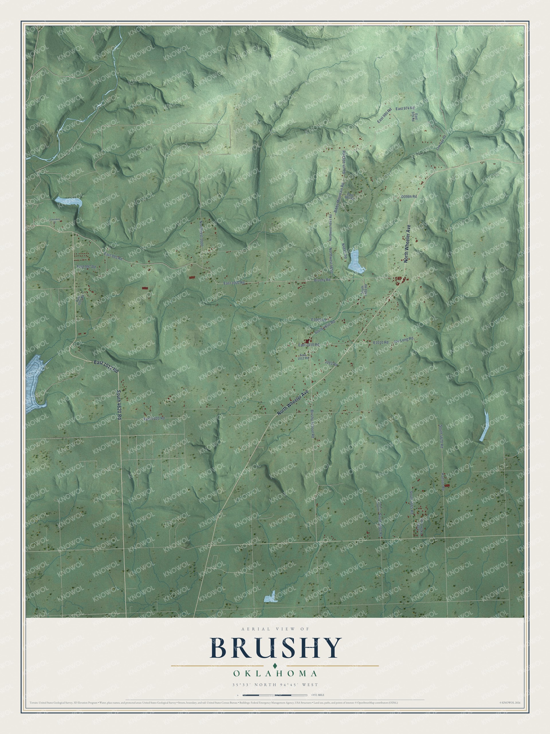 Full map of Brushy, Oklahoma, with red buildings, printed street names and the land around them