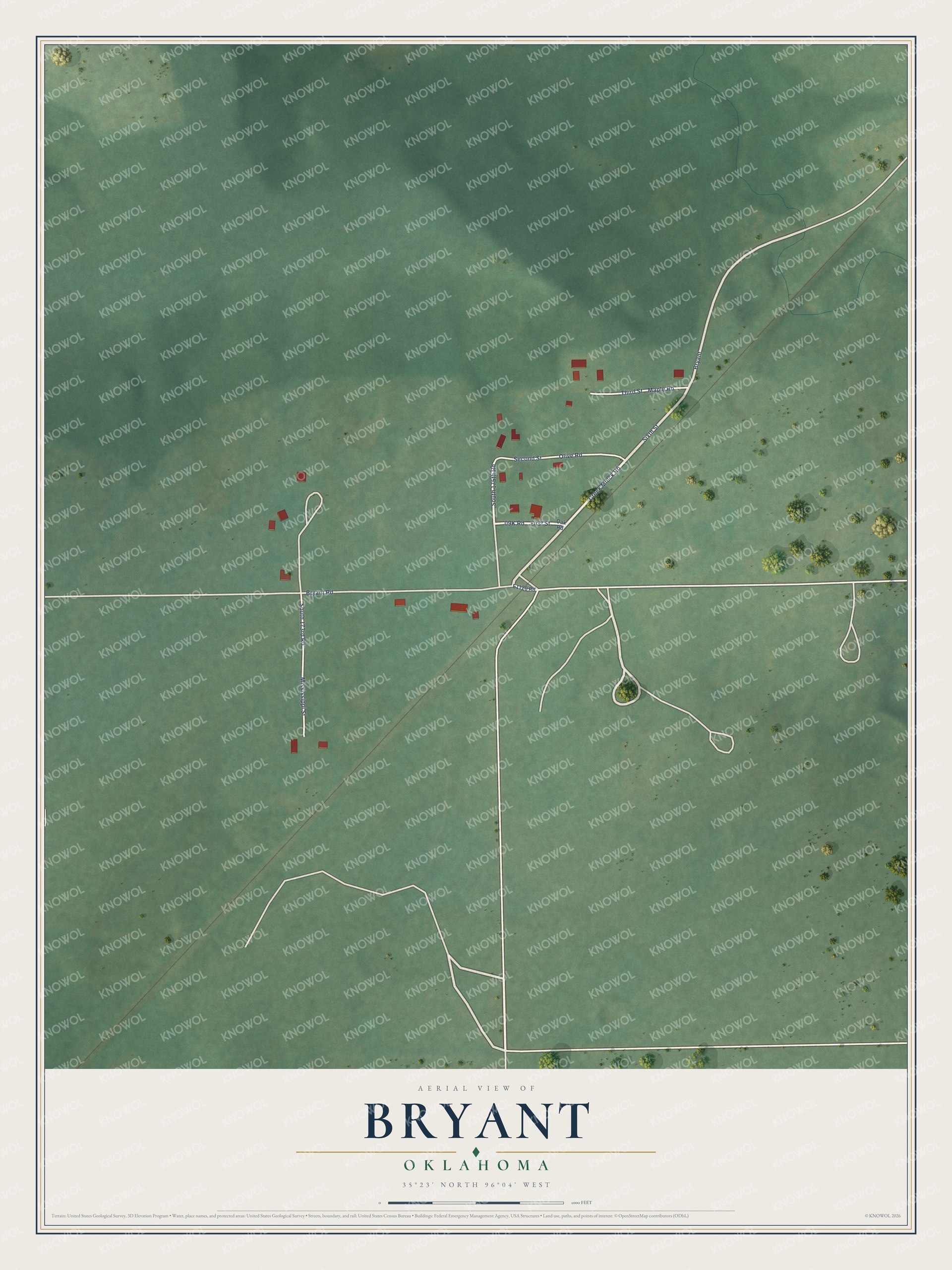 Full map of Bryant, Oklahoma, with red buildings, printed street names and the land around them