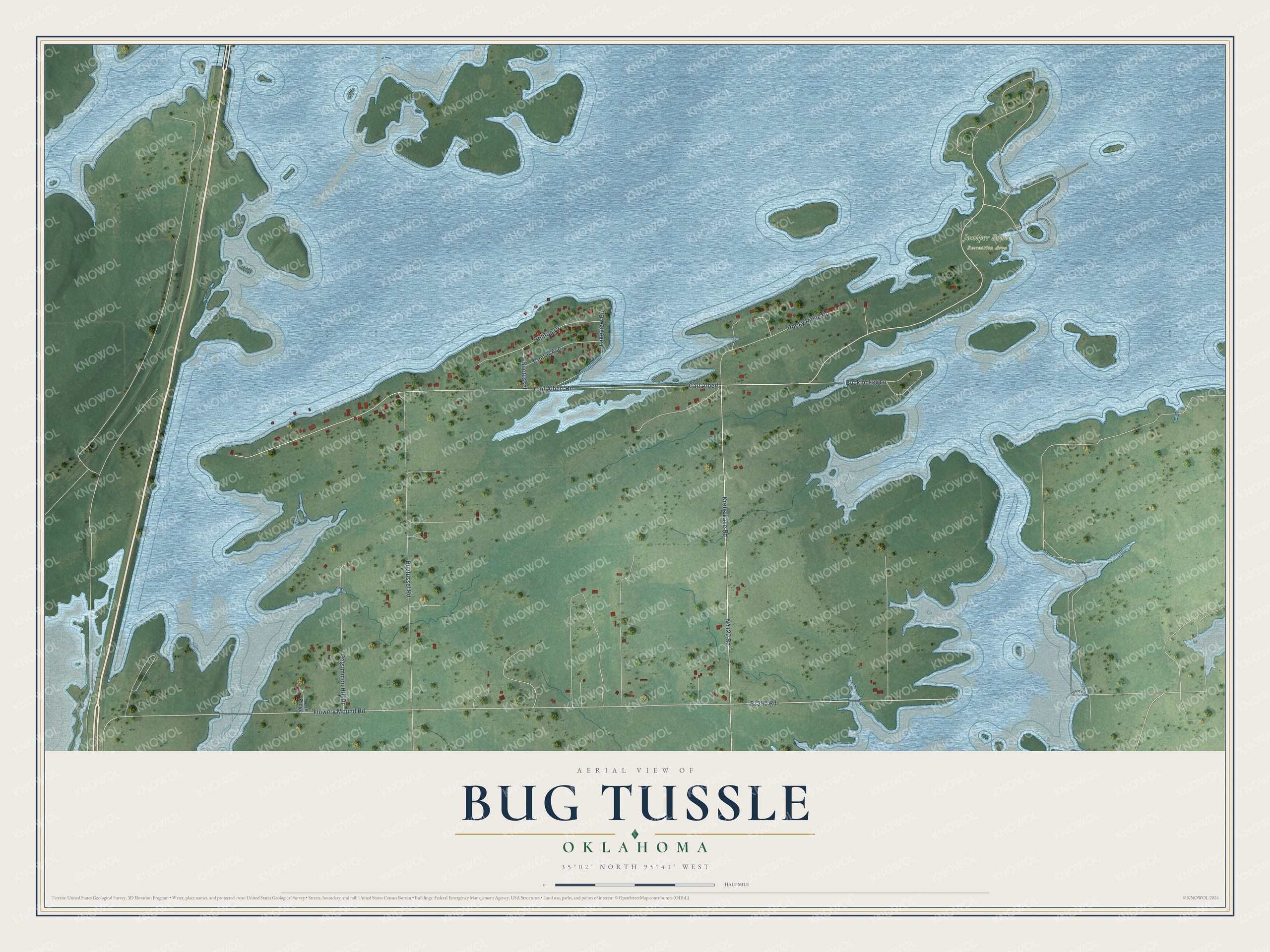 Full map of Bug Tussle, Oklahoma, with red buildings, printed street names and the land around them
