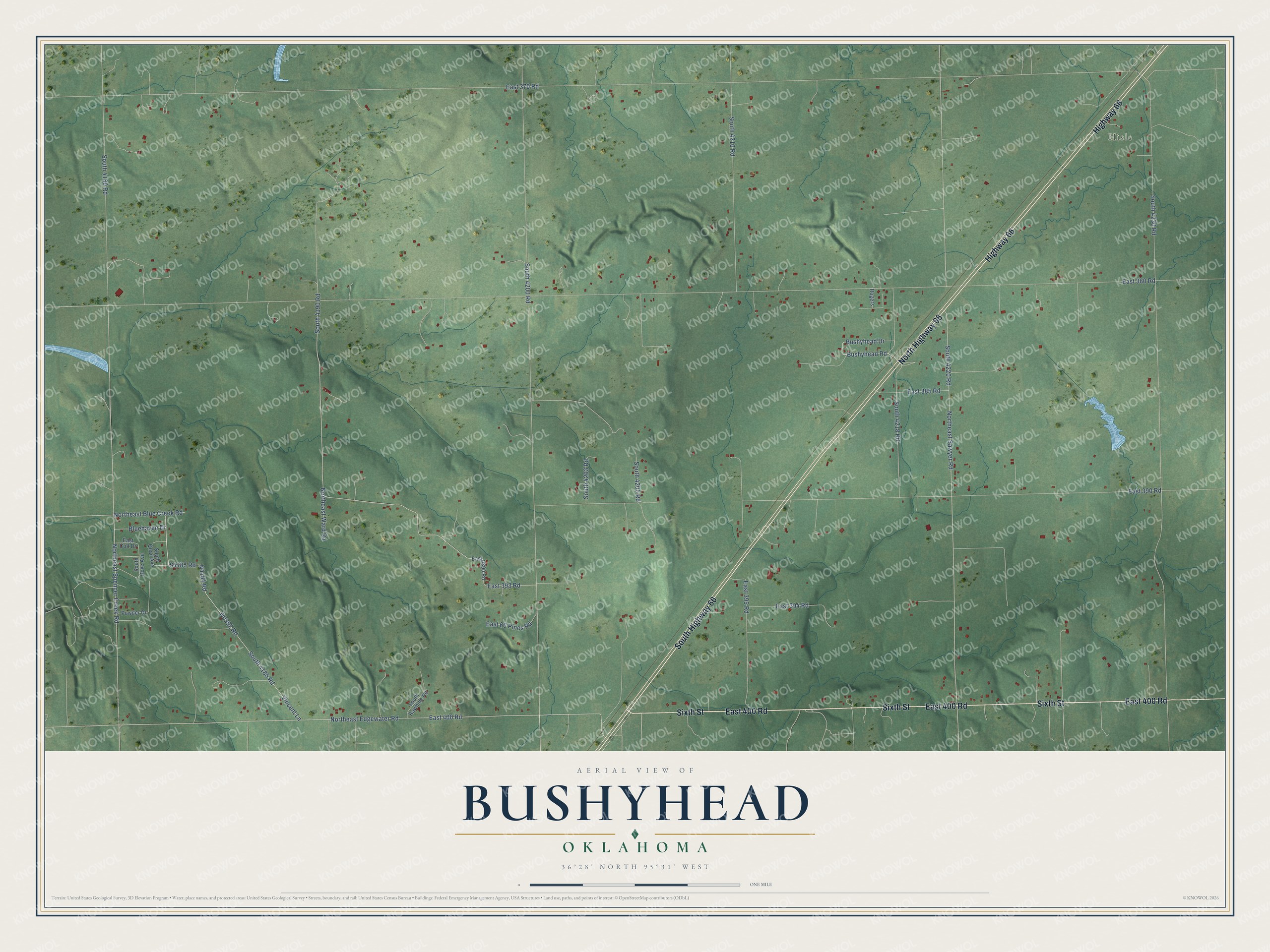 Full map of Bushyhead, Oklahoma, with red buildings, printed street names and the land around them