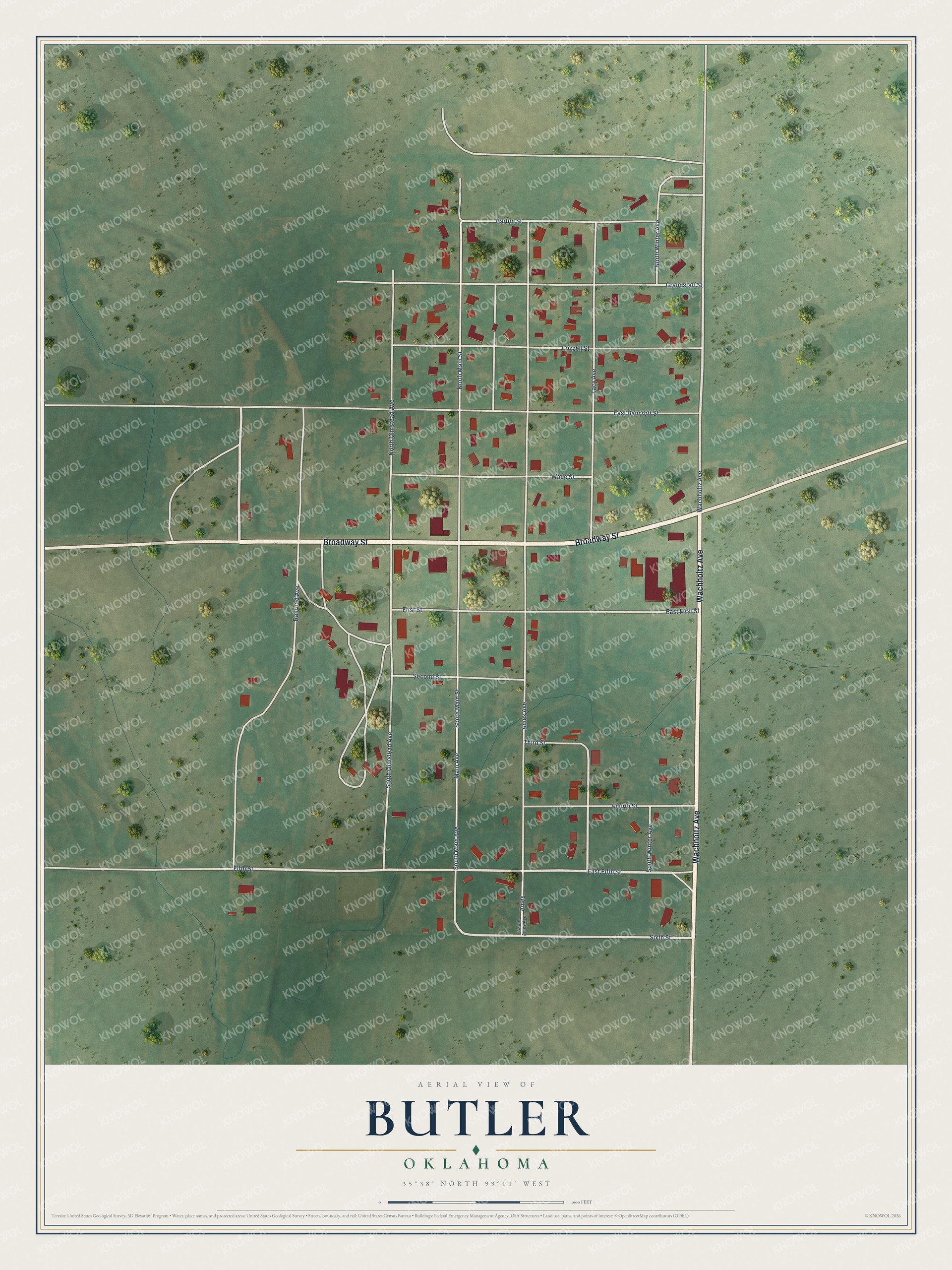 Full map of Butler, Oklahoma, with red buildings, printed street names and the land around them