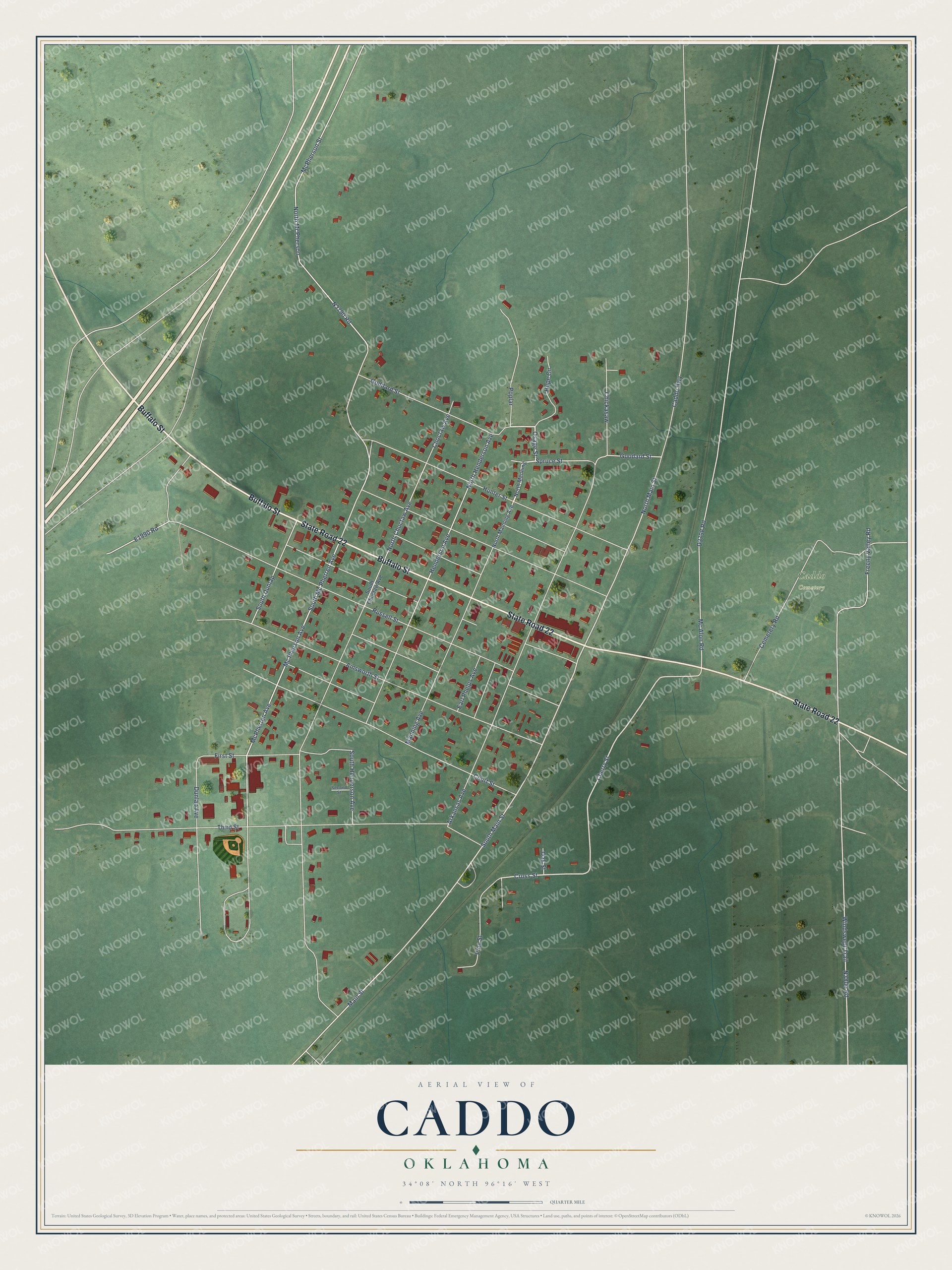 Full map of Caddo, Oklahoma, with red buildings, printed street names and the land around them