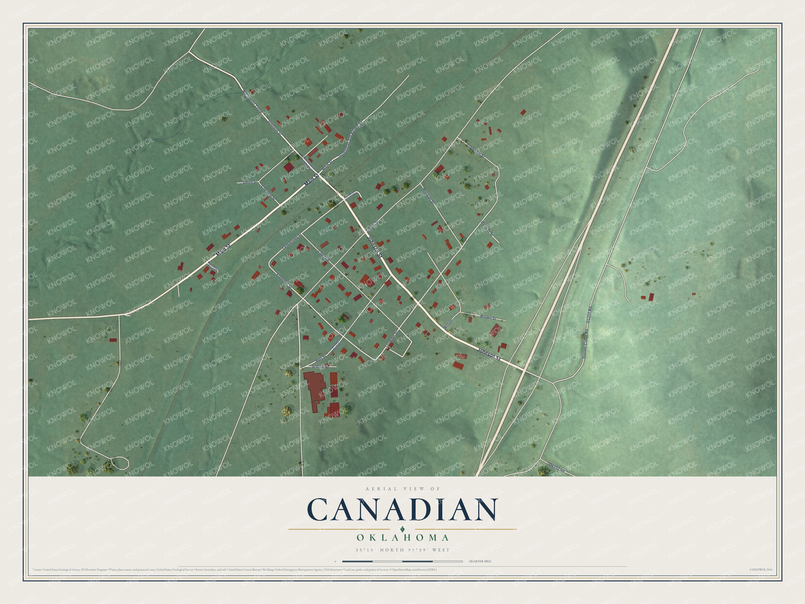 Full map of Canadian, Oklahoma, with red buildings, printed street names and the land around them