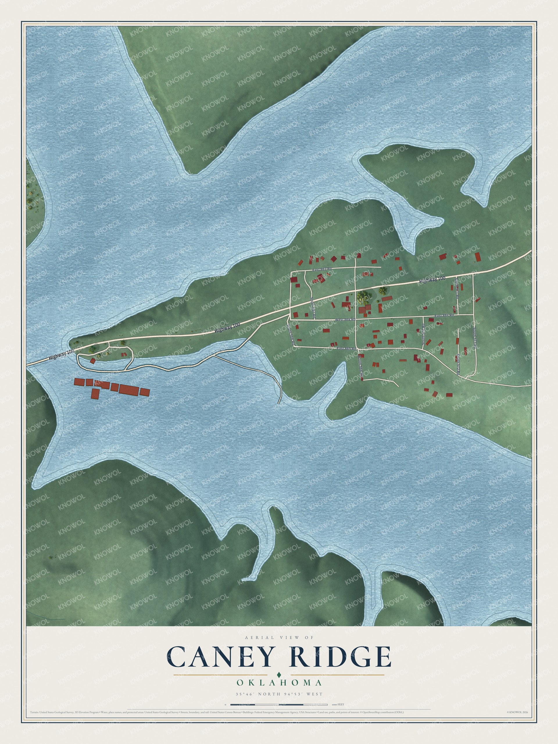 Full map of Caney Ridge, Oklahoma, with red buildings, printed street names and the land around them