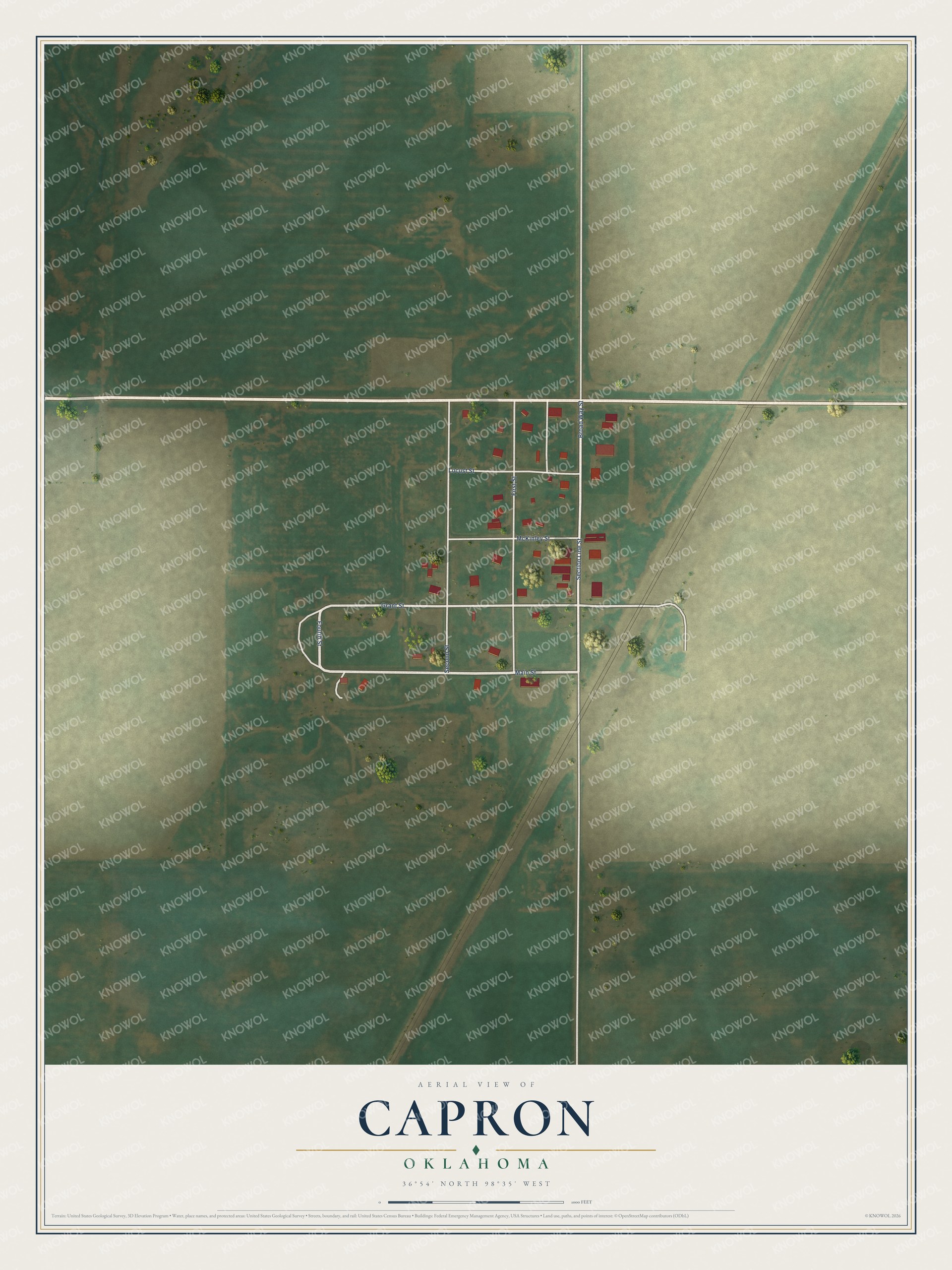 Full map of Capron, Oklahoma, with red buildings, printed street names and the land around them