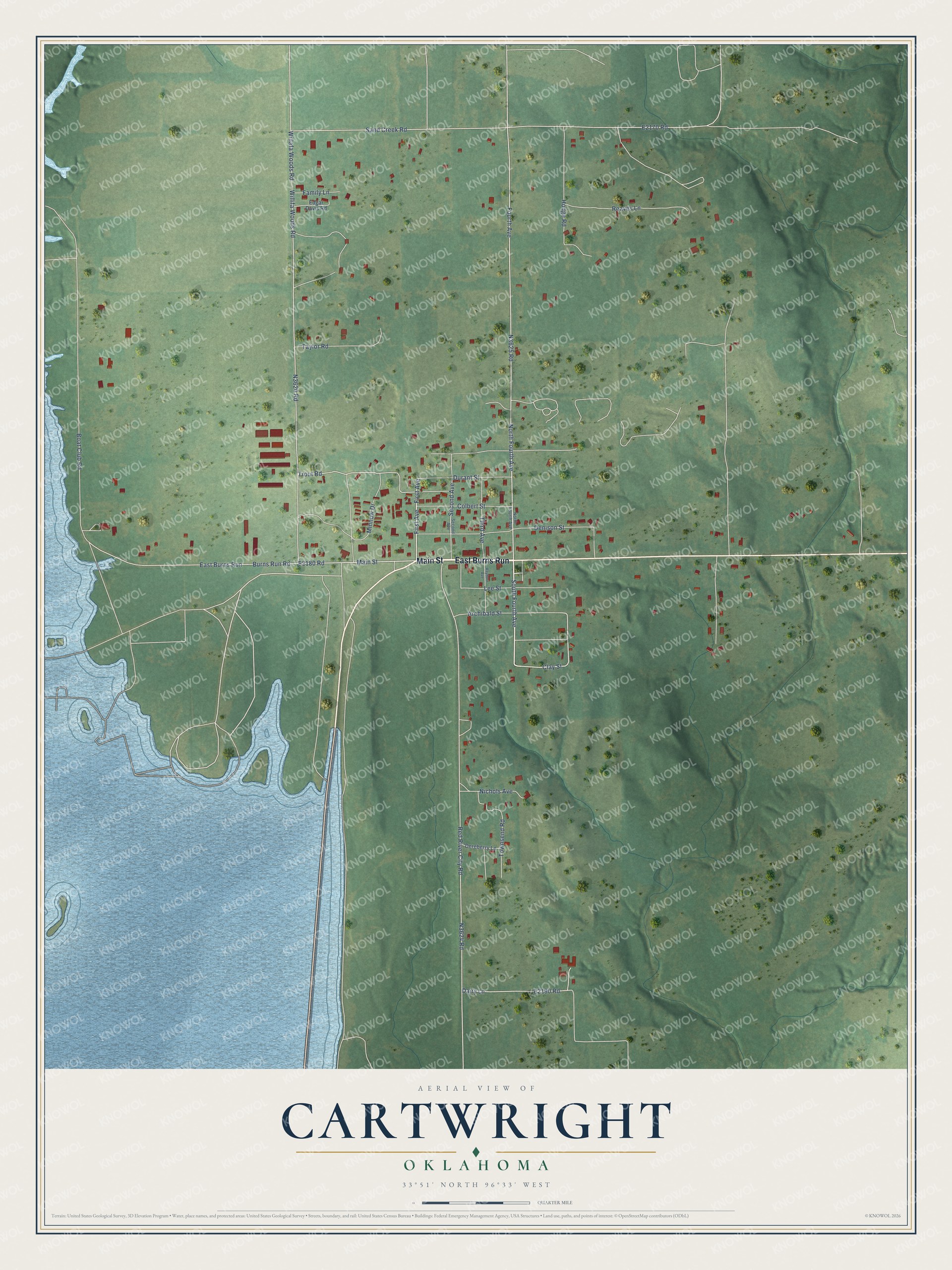 Full map of Cartwright, Oklahoma, with red buildings, printed street names and the land around them