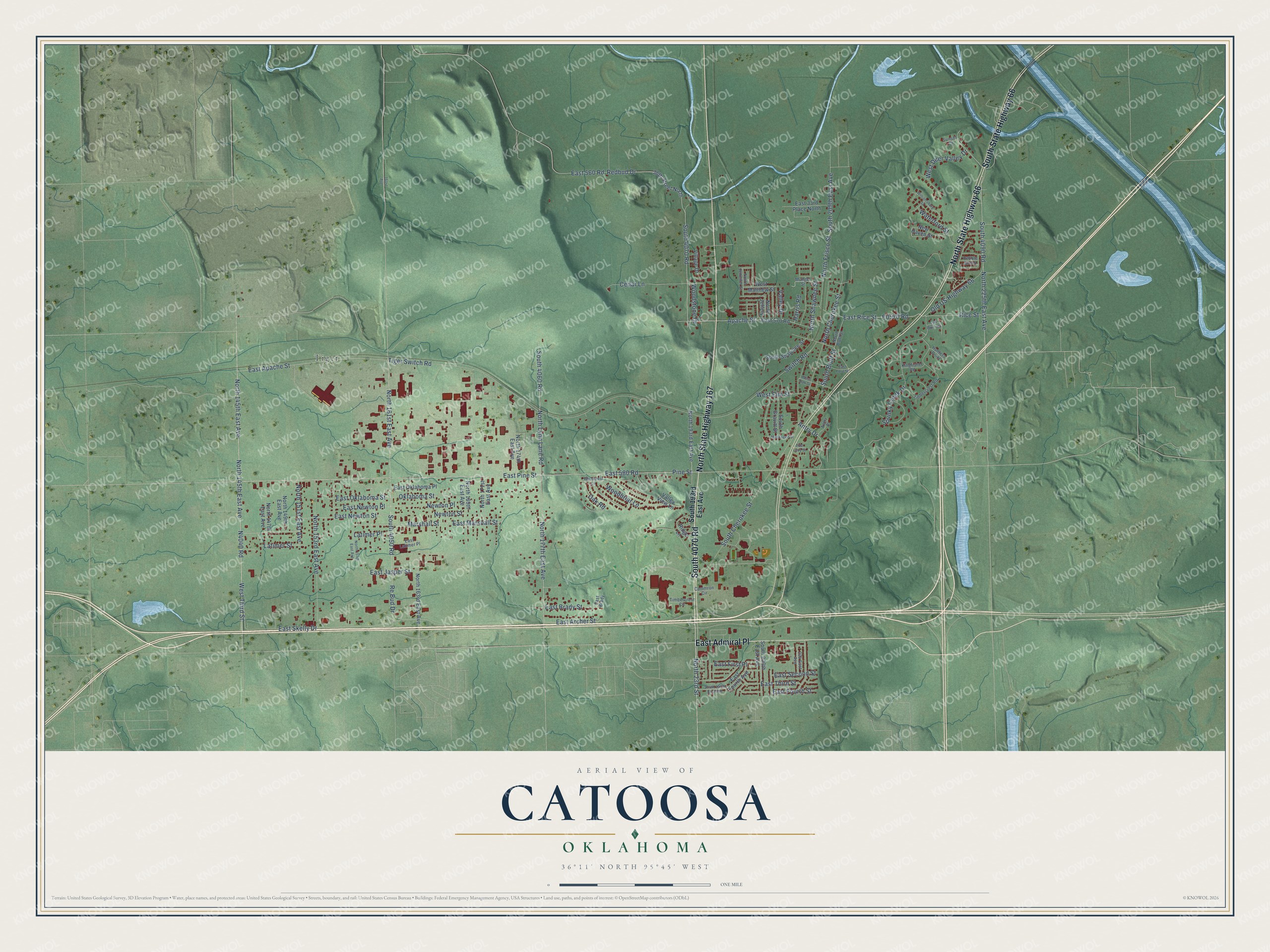Full map of Catoosa, Oklahoma, with red buildings, printed street names and the land around them