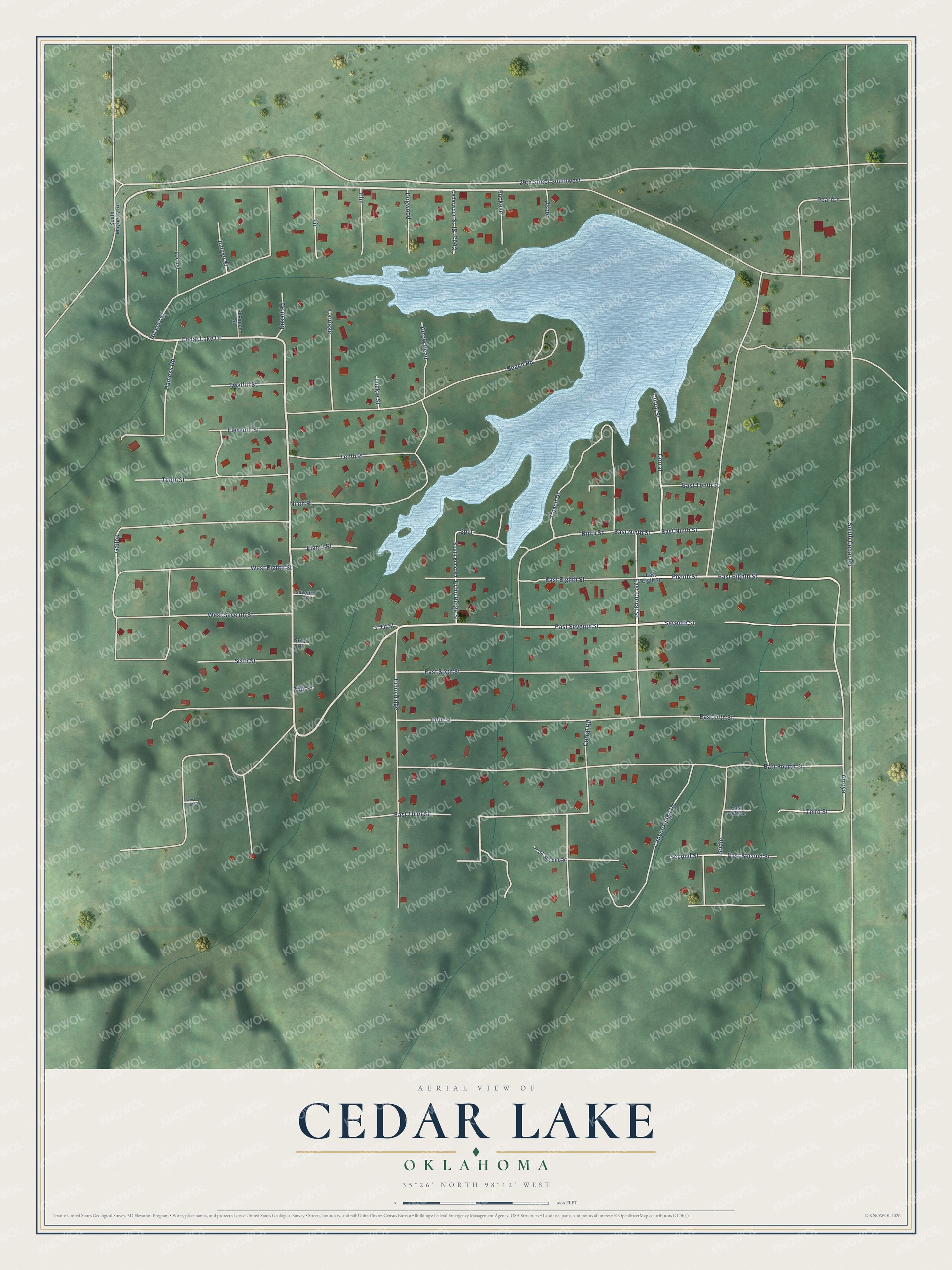 Full map of Cedar Lake, Oklahoma, with red buildings, printed street names and the land around them