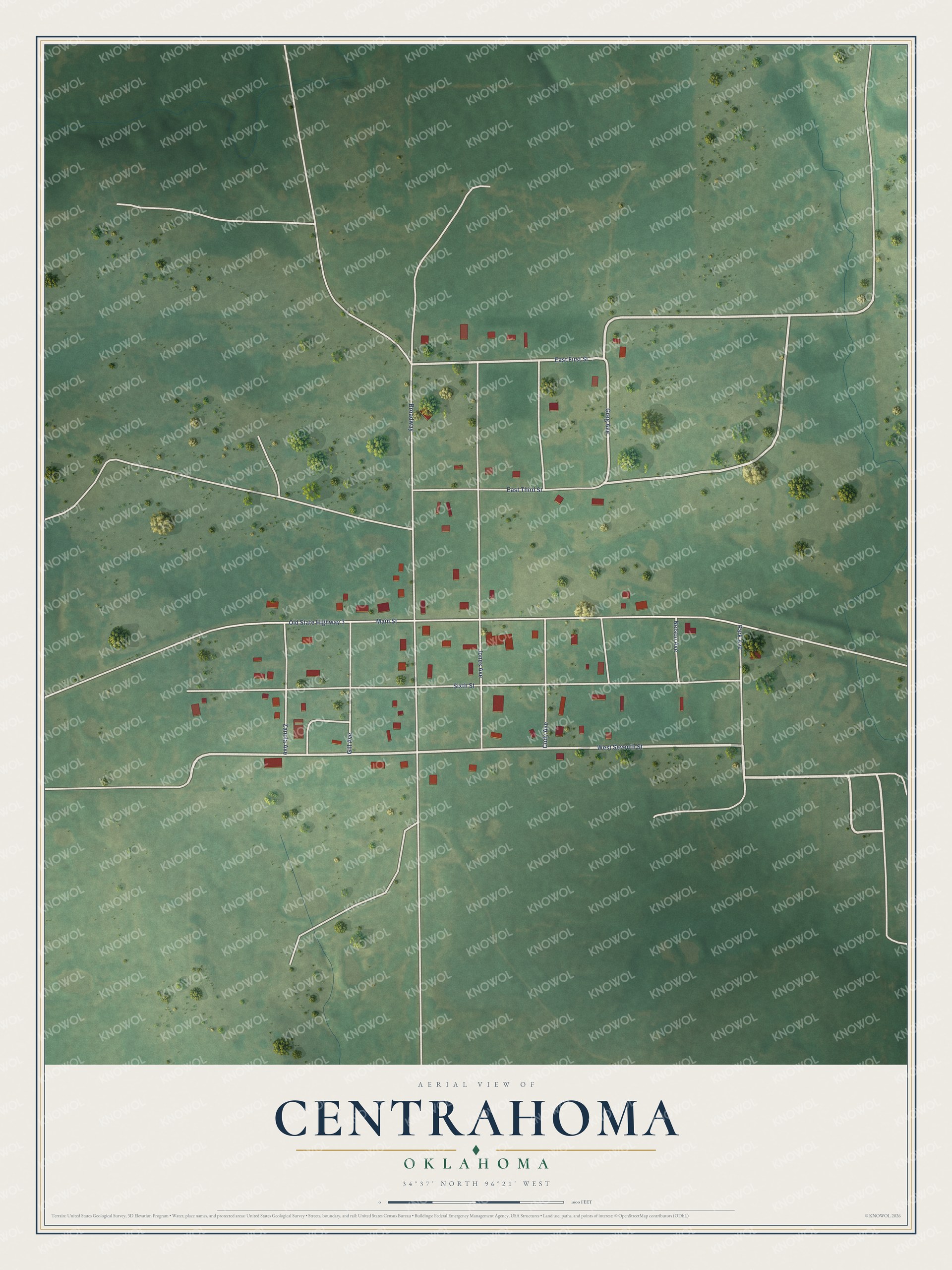 Full map of Centrahoma, Oklahoma, with red buildings, printed street names and the land around them