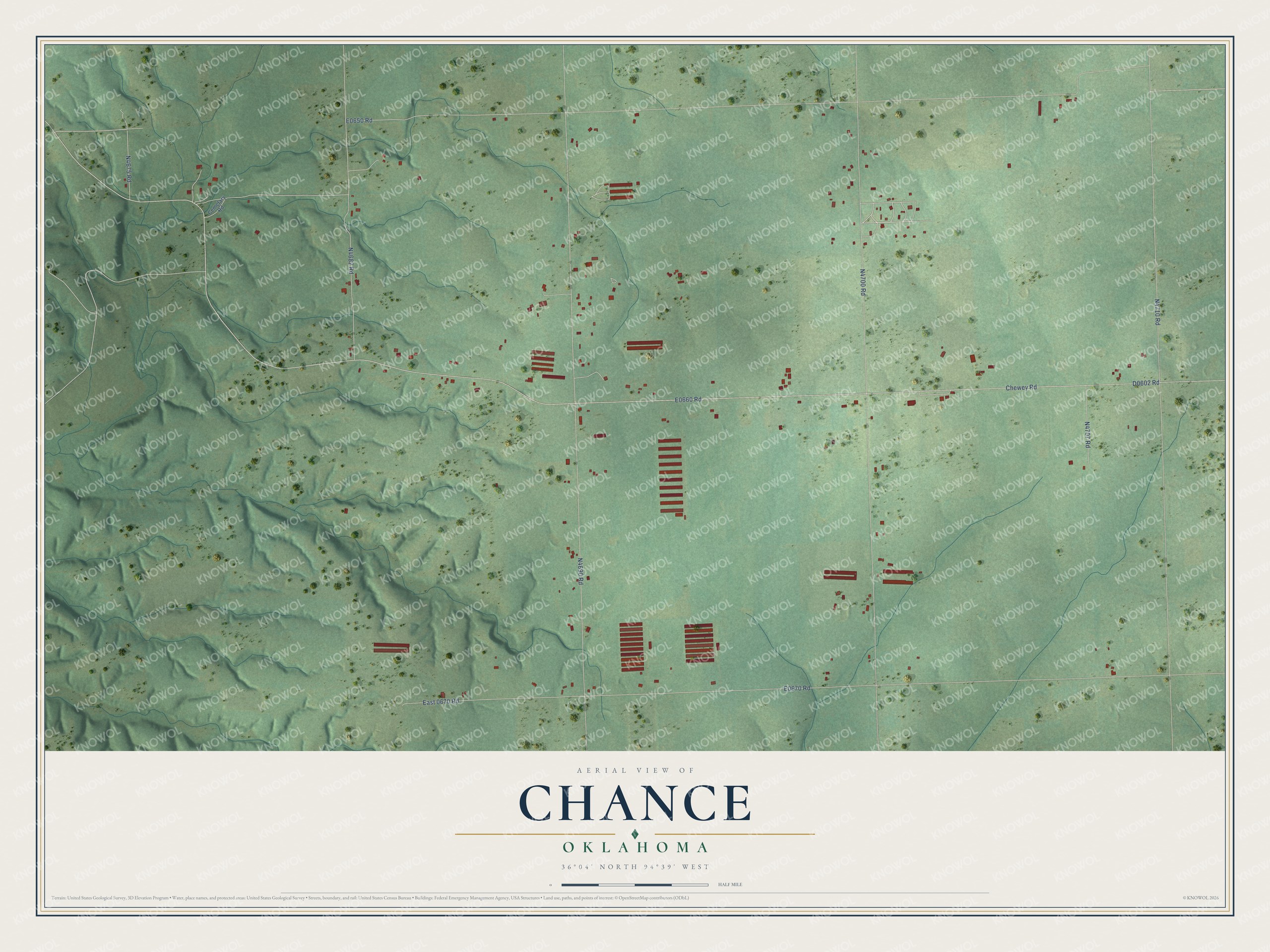 Full map of Chance, Oklahoma, with red buildings, printed street names and the land around them